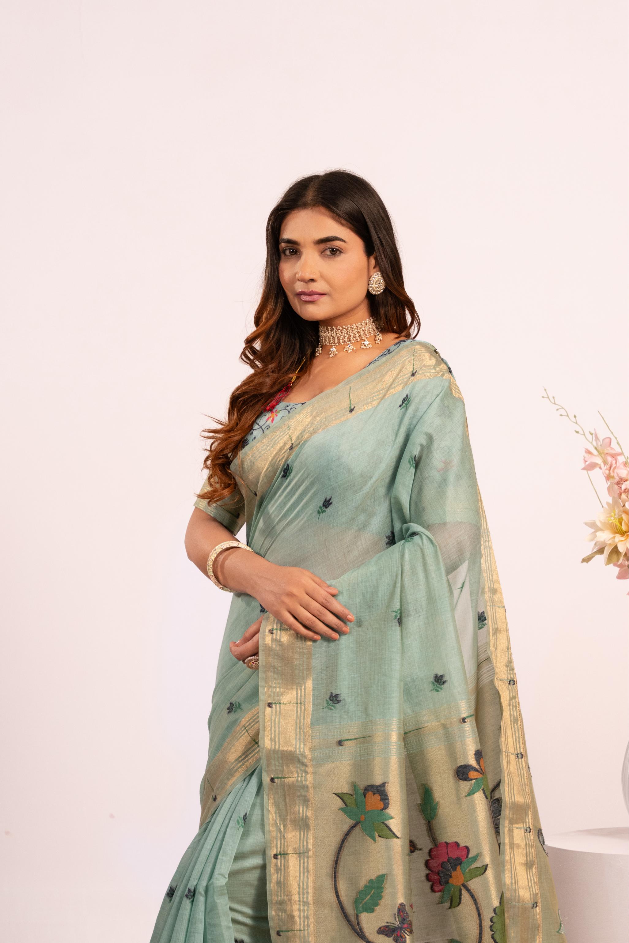 Firozi Muga Cotton Paithani Saree