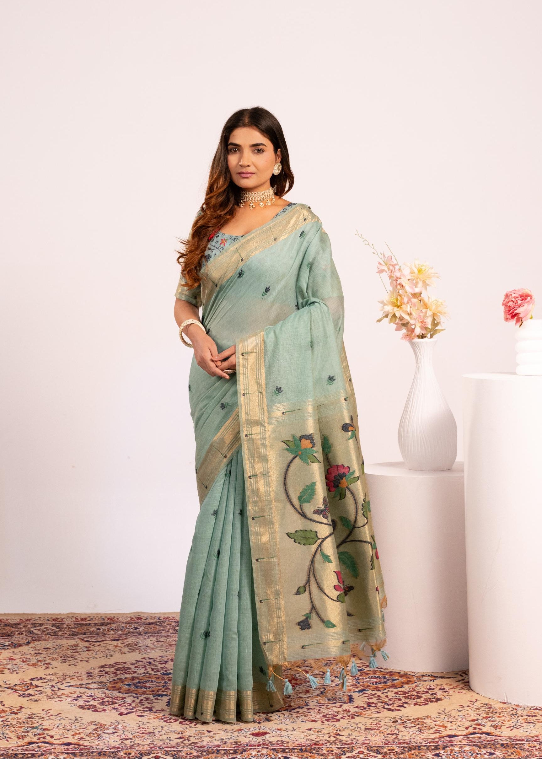 Firozi Muga Cotton Paithani Saree