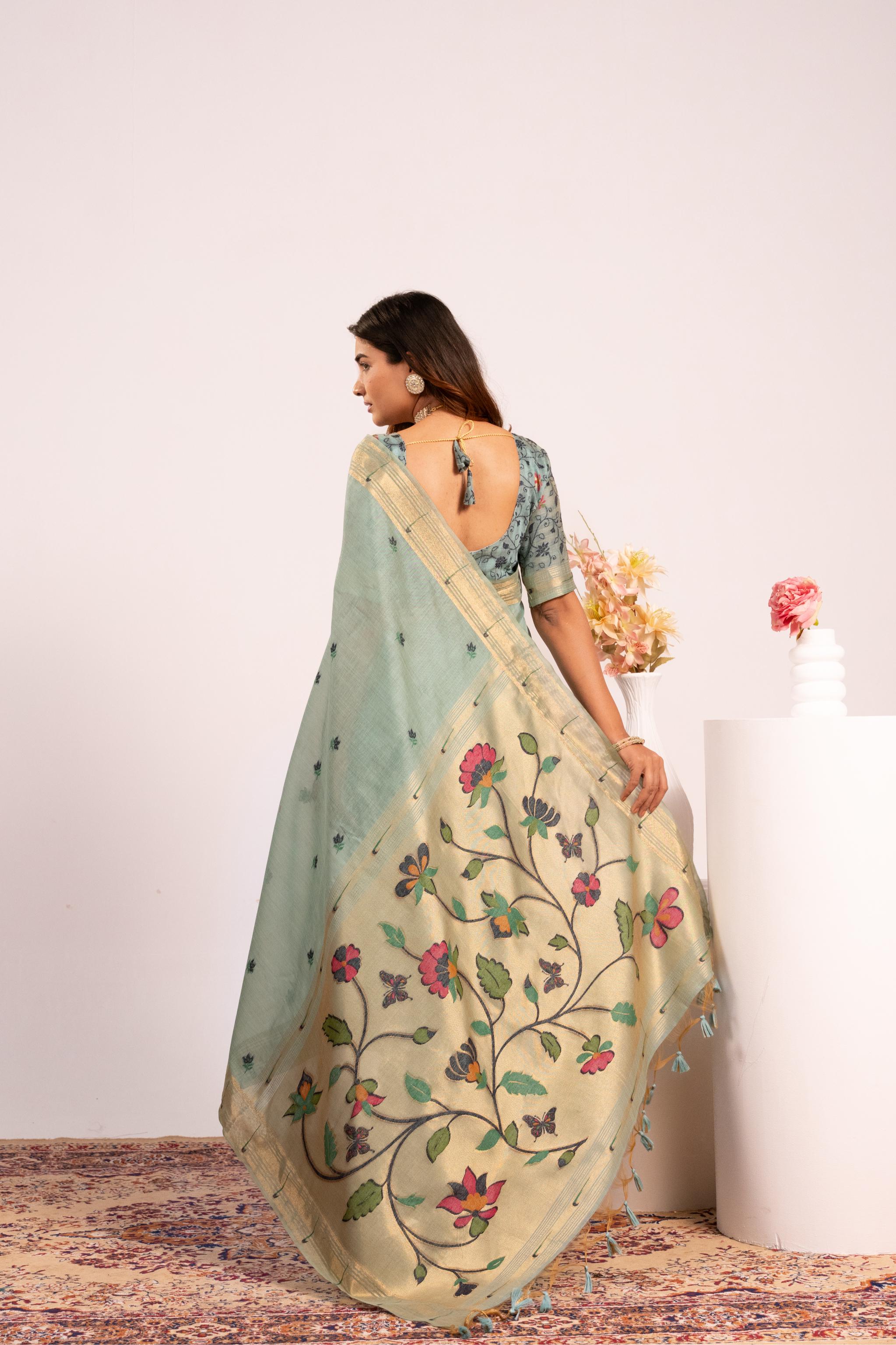 Firozi Muga Cotton Paithani Saree