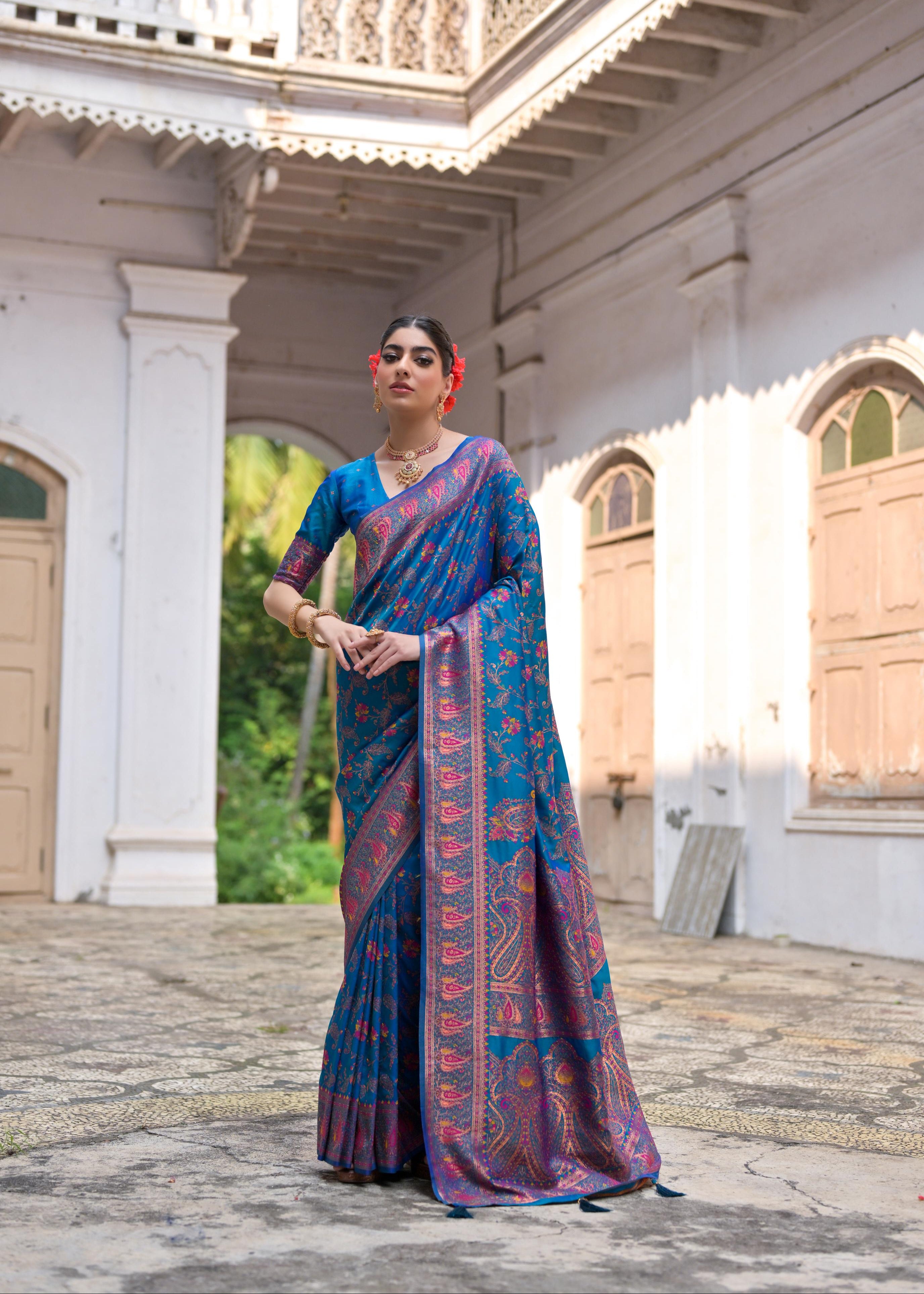 Firozi Pashmina Silk Saree
