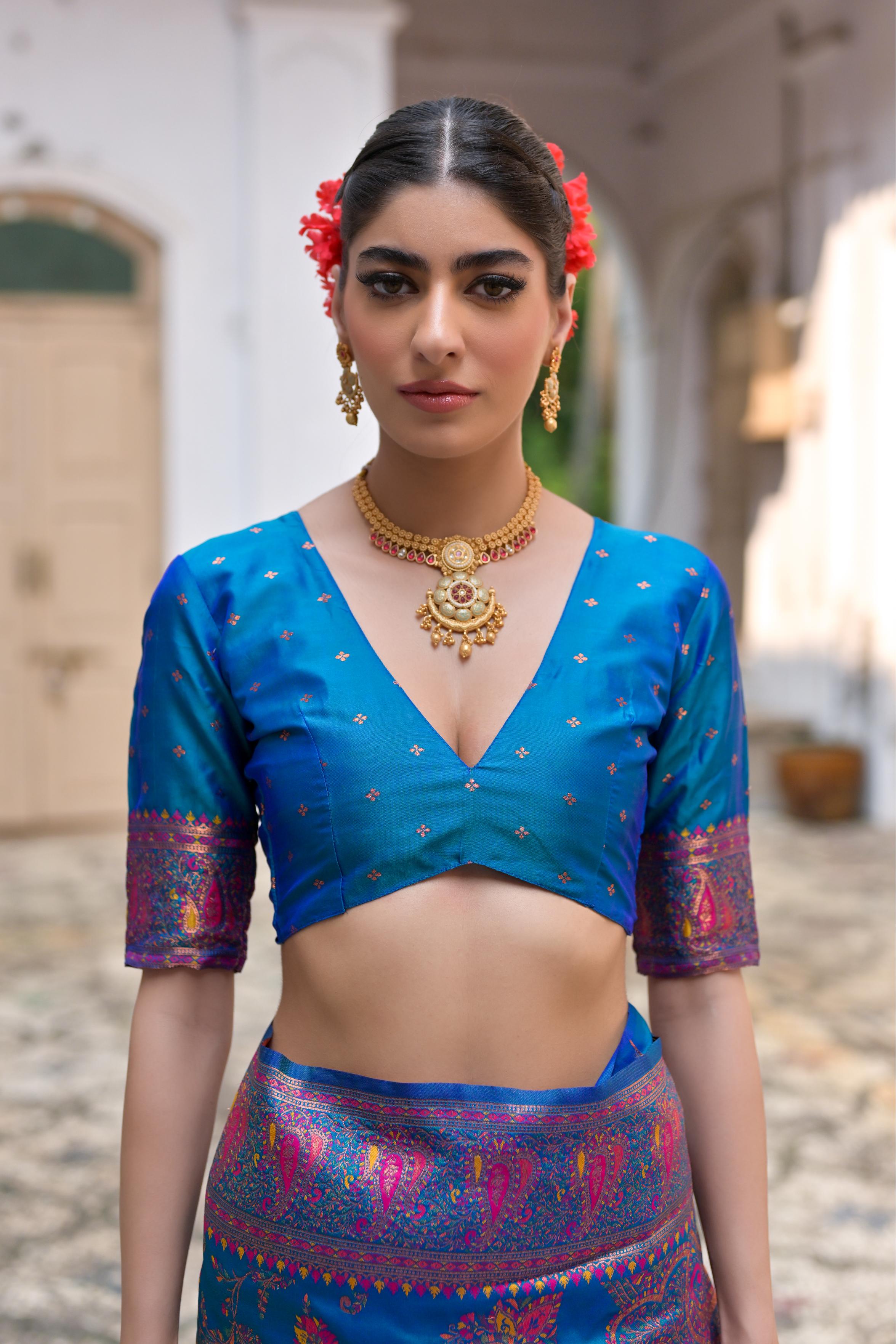 Firozi Pashmina Silk Saree