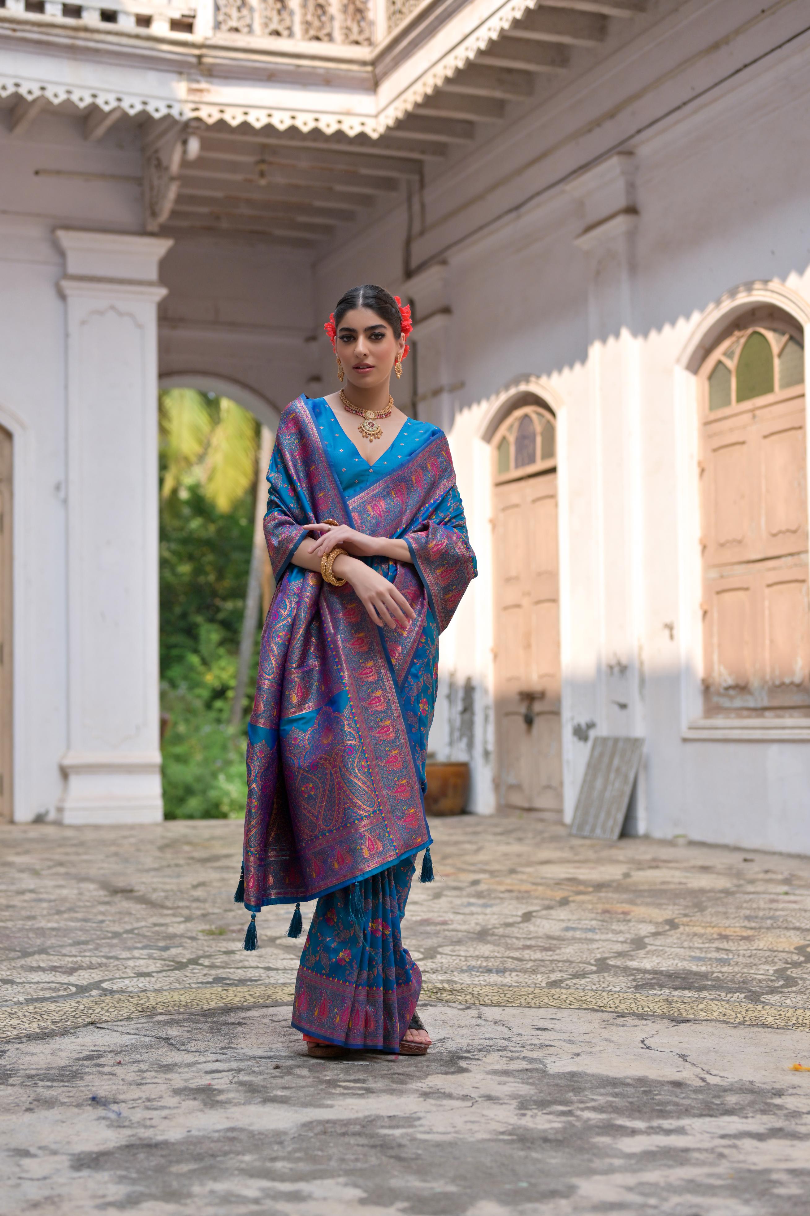 Firozi Pashmina Silk Saree