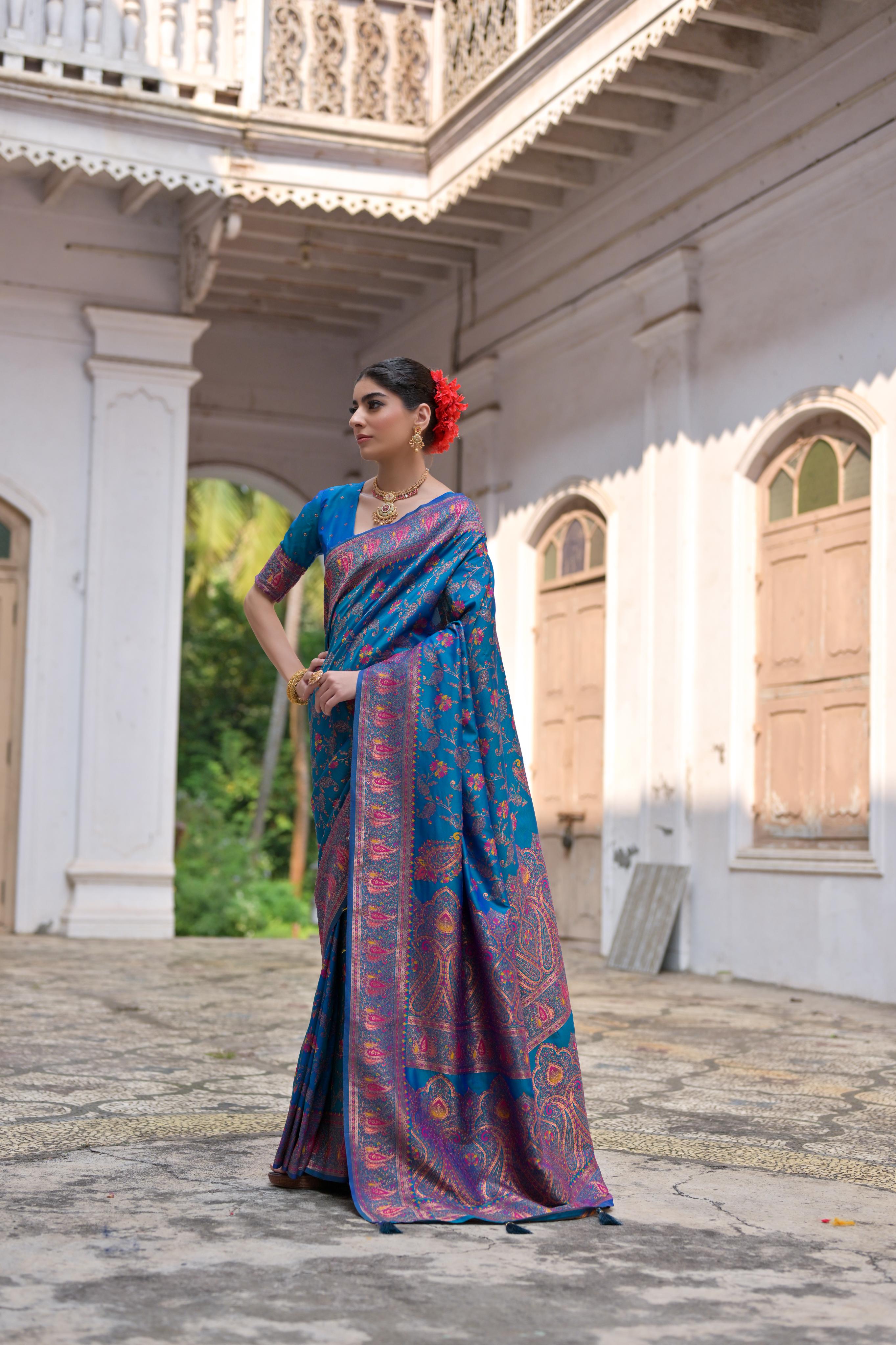 Firozi Pashmina Silk Saree