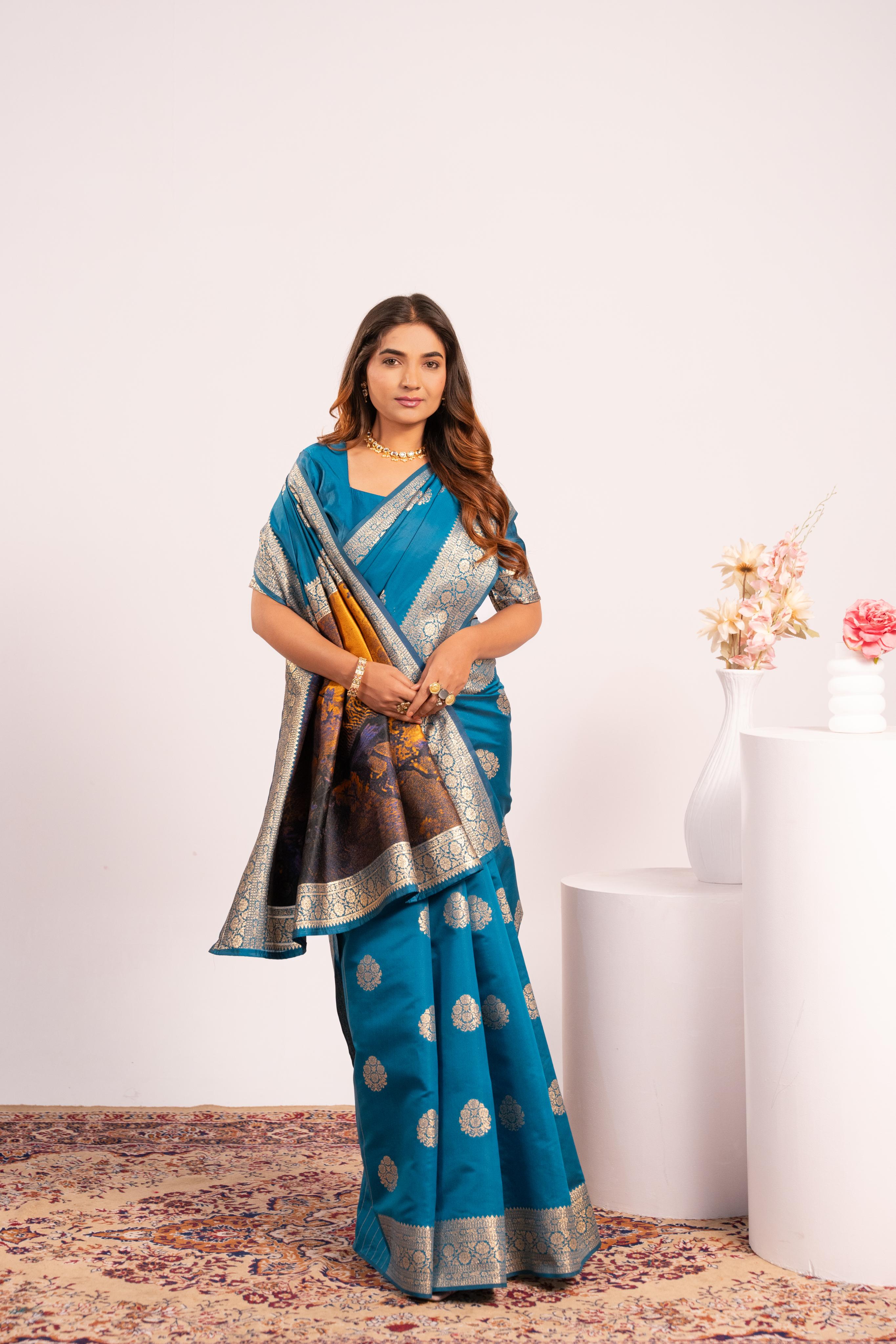 Firozi Soft Banarasi Silk Saree