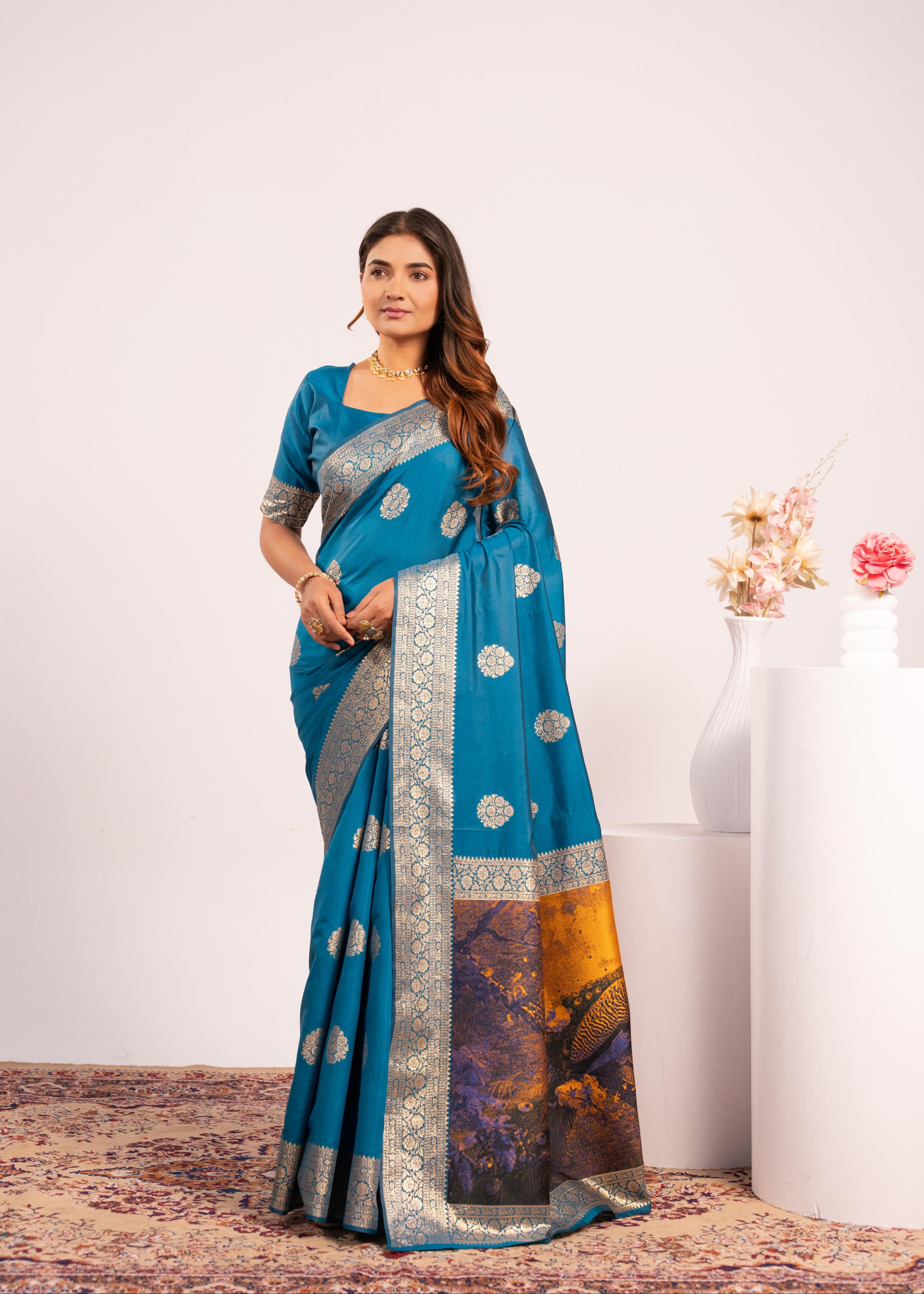 Firozi Soft Banarasi Silk Saree