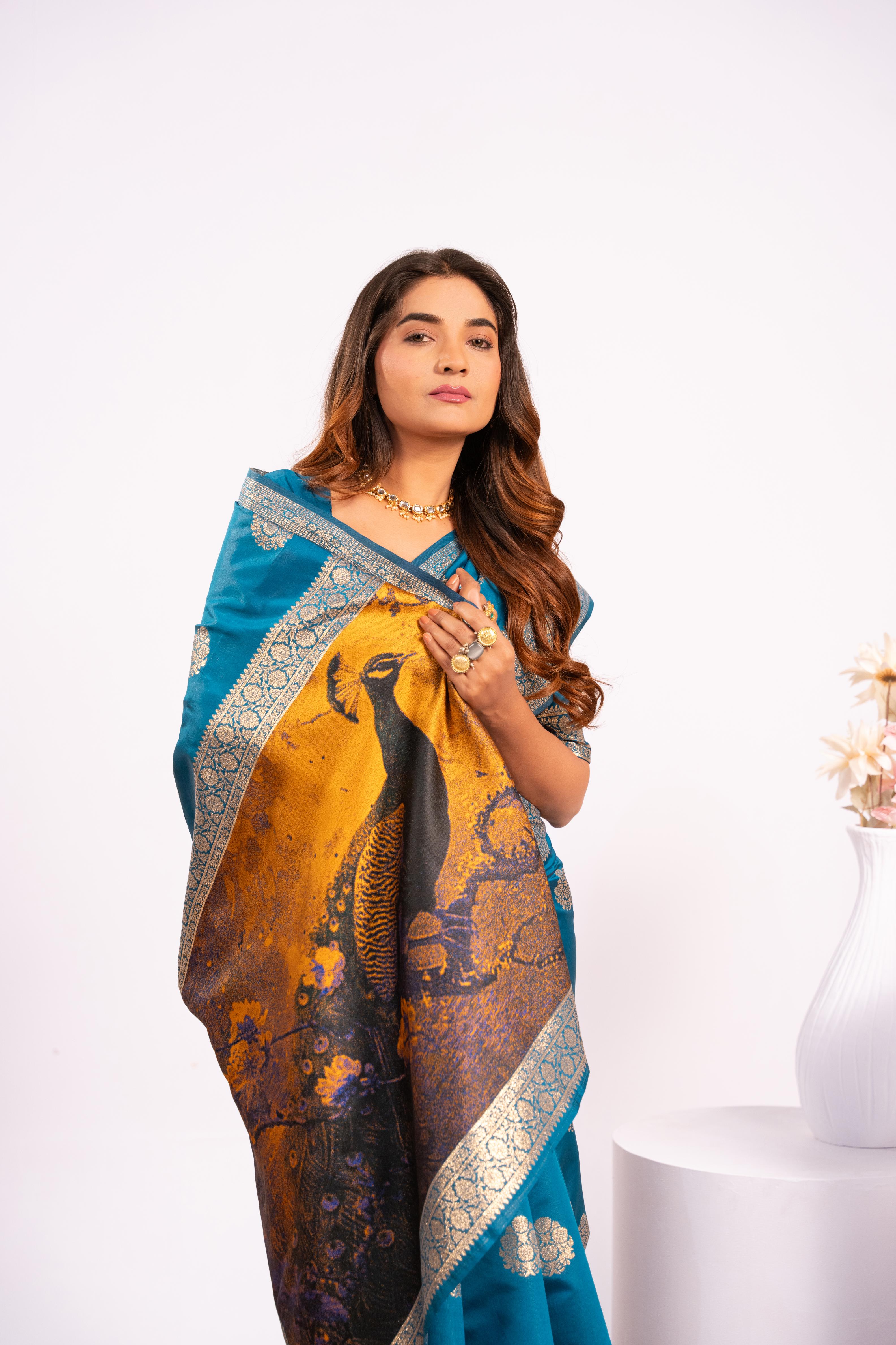 Firozi Soft Banarasi Silk Saree