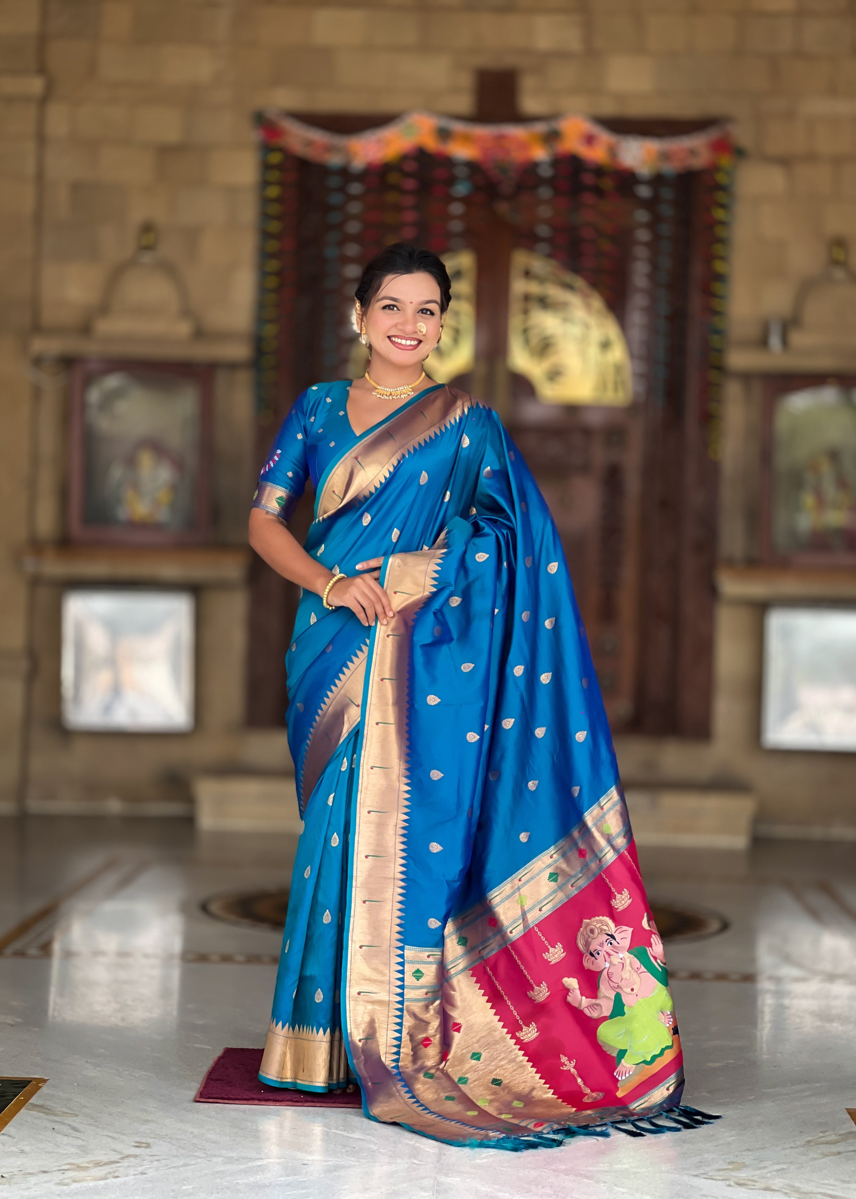 Firozi Soft Paithani Silk Saree