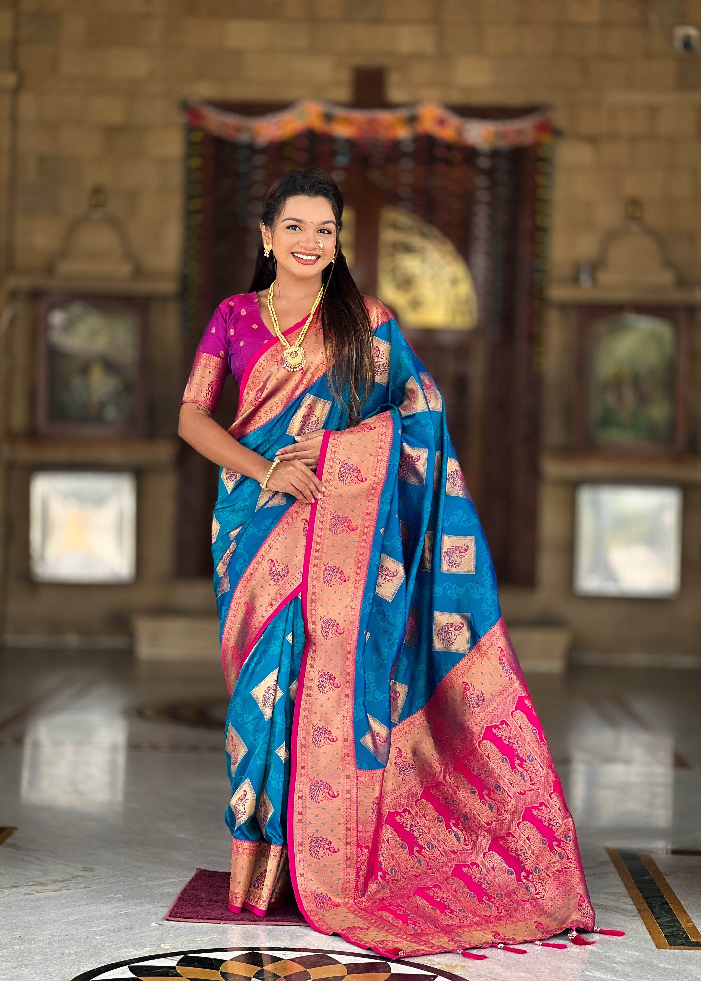 Firozi Wedding Wear Soft Banarasi Silk Saree