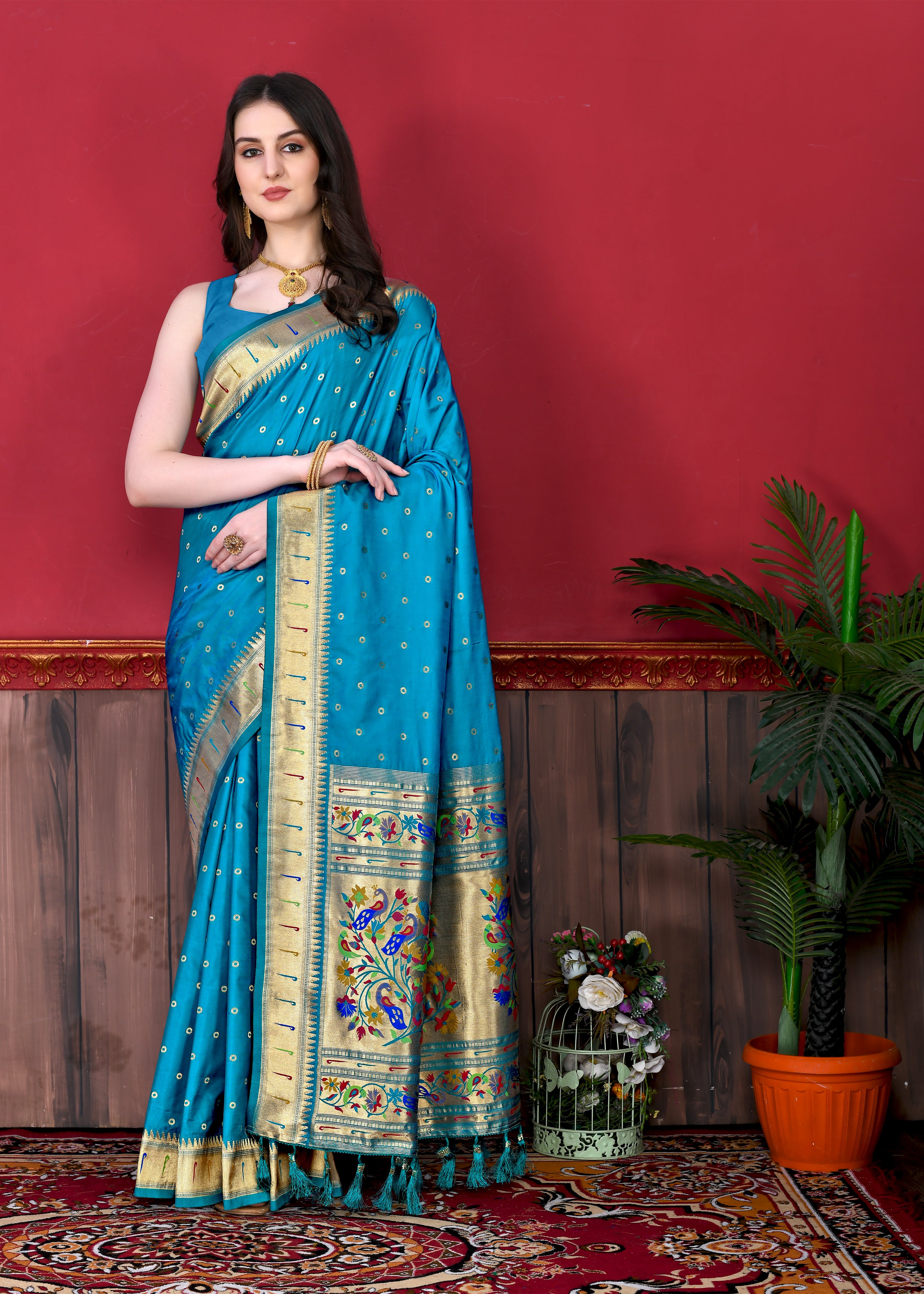 Firozi Wedding Wear Soft Paithani Silk Saree