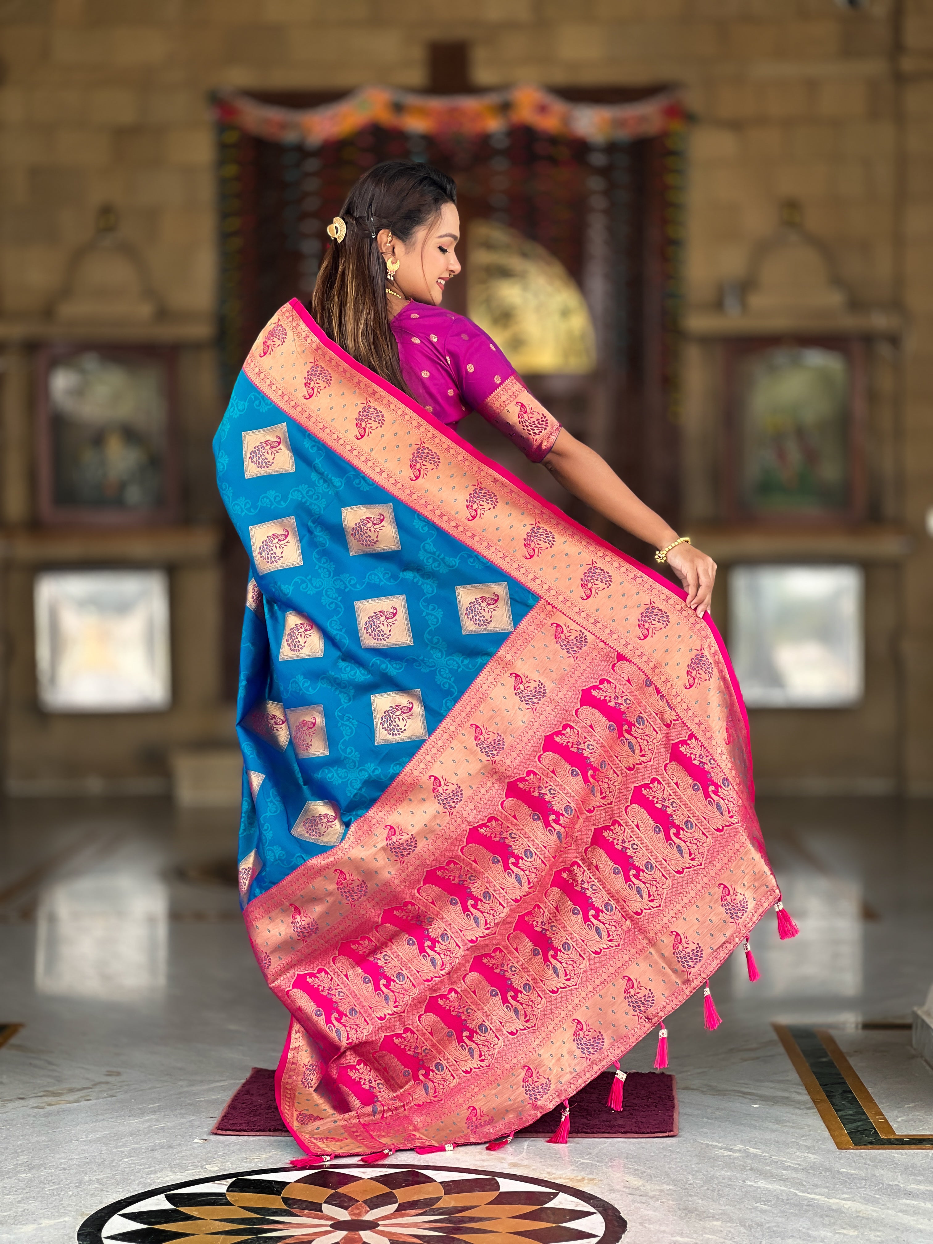 Firozi Wedding Wear Soft Banarasi Silk Saree