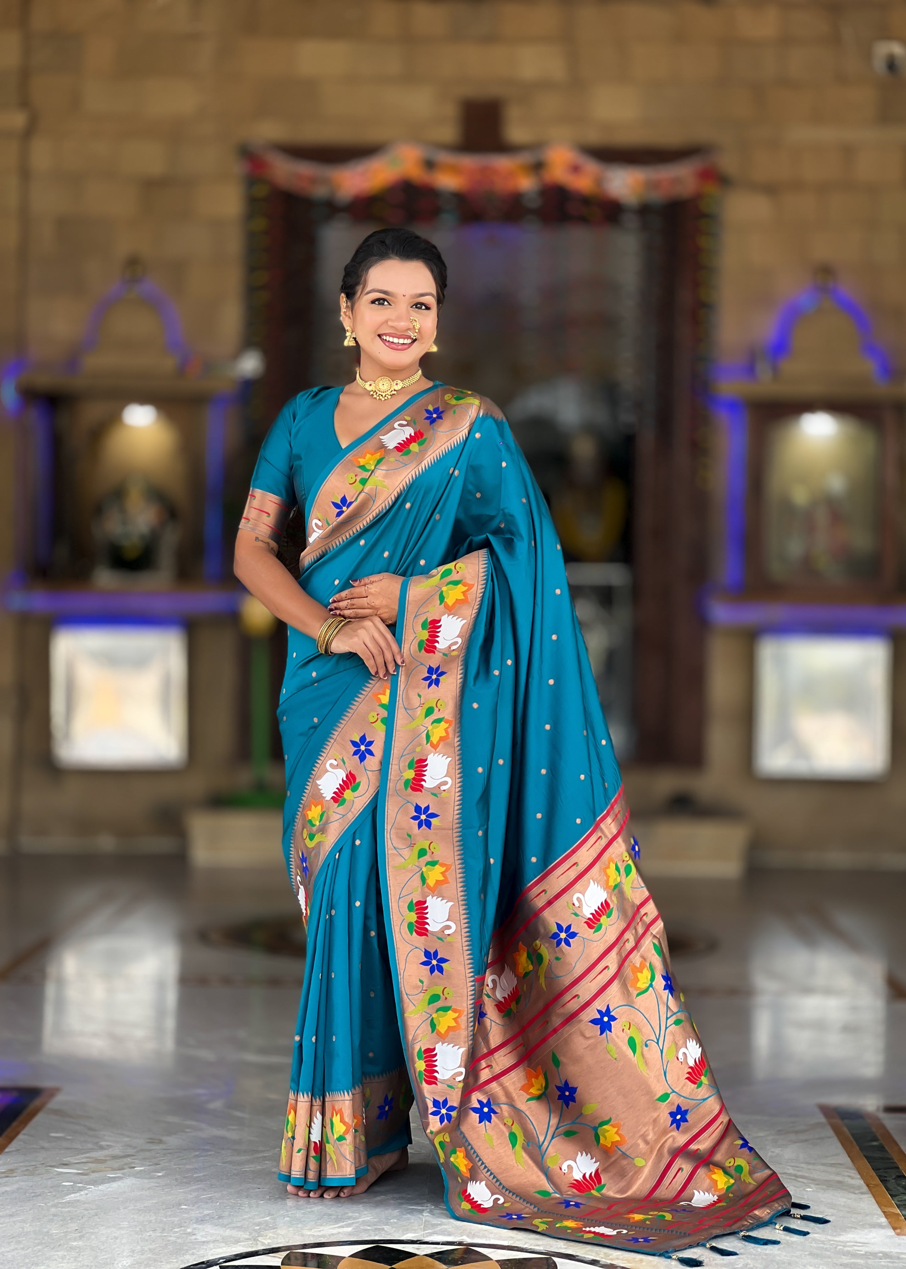 Firozi Wedding Wear Soft Paithani Silk Saree