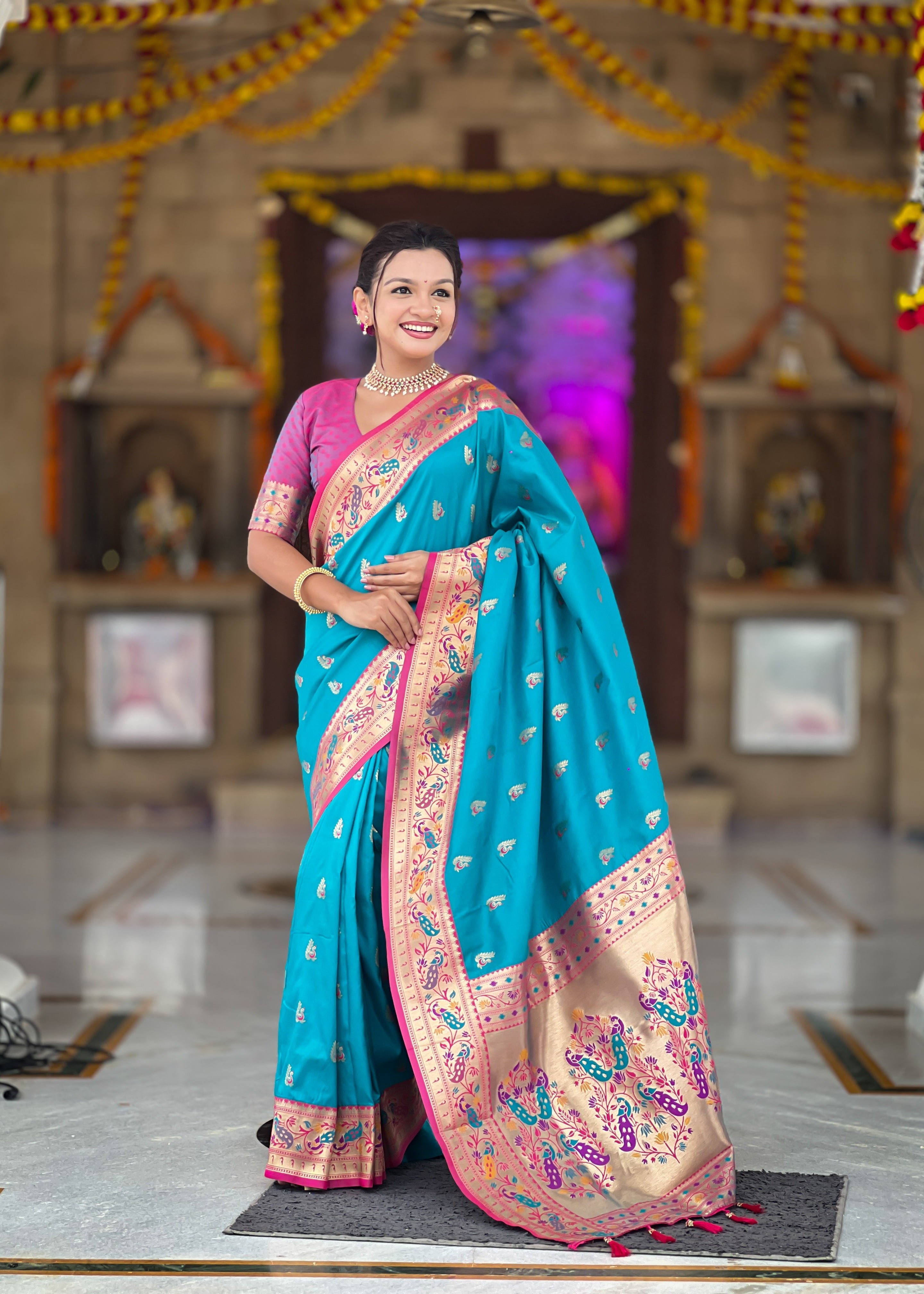 Firozi Wedding Wear Soft Paithani Silk Saree