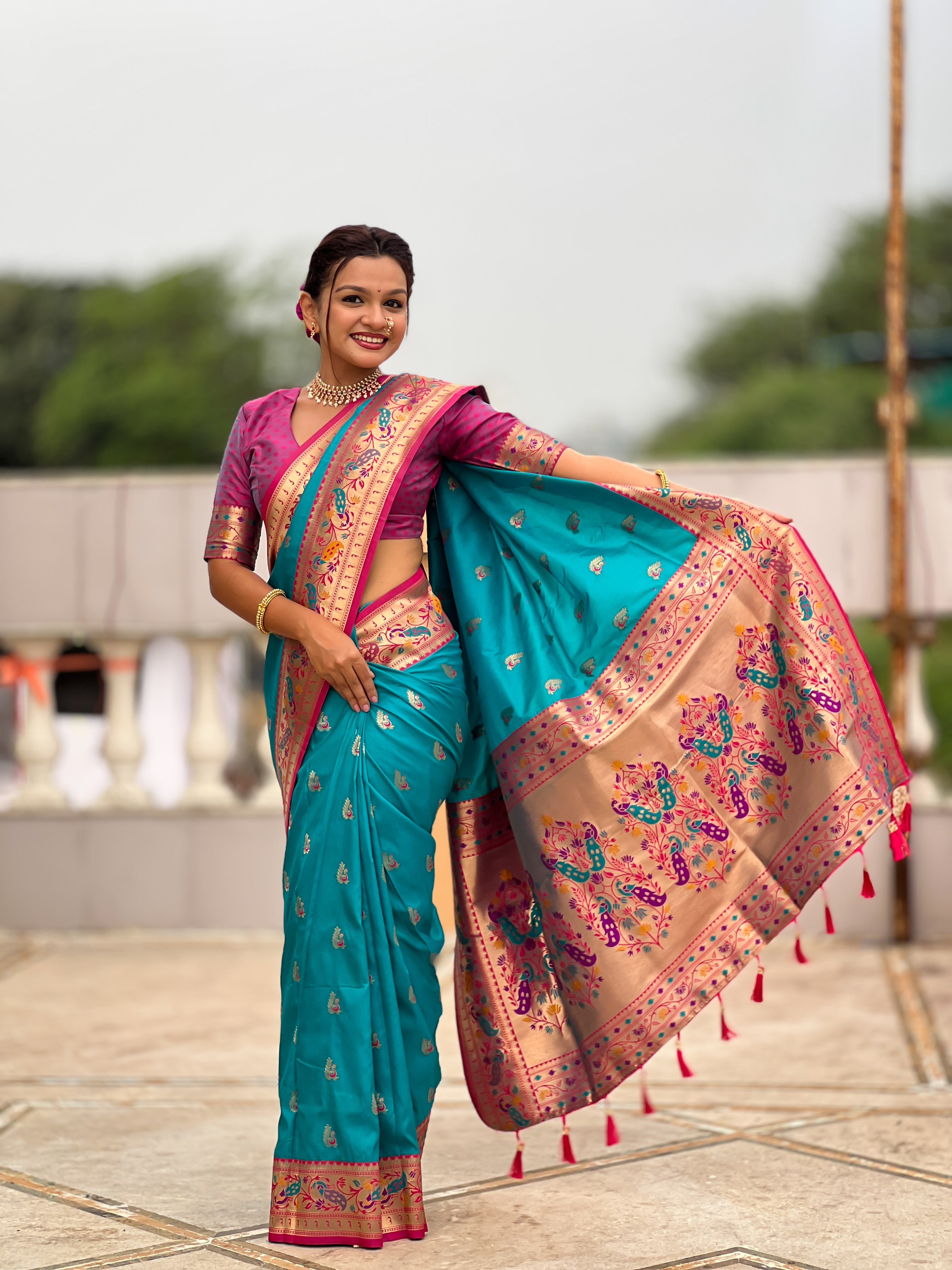 Firozi Wedding Wear Soft Paithani Silk Saree