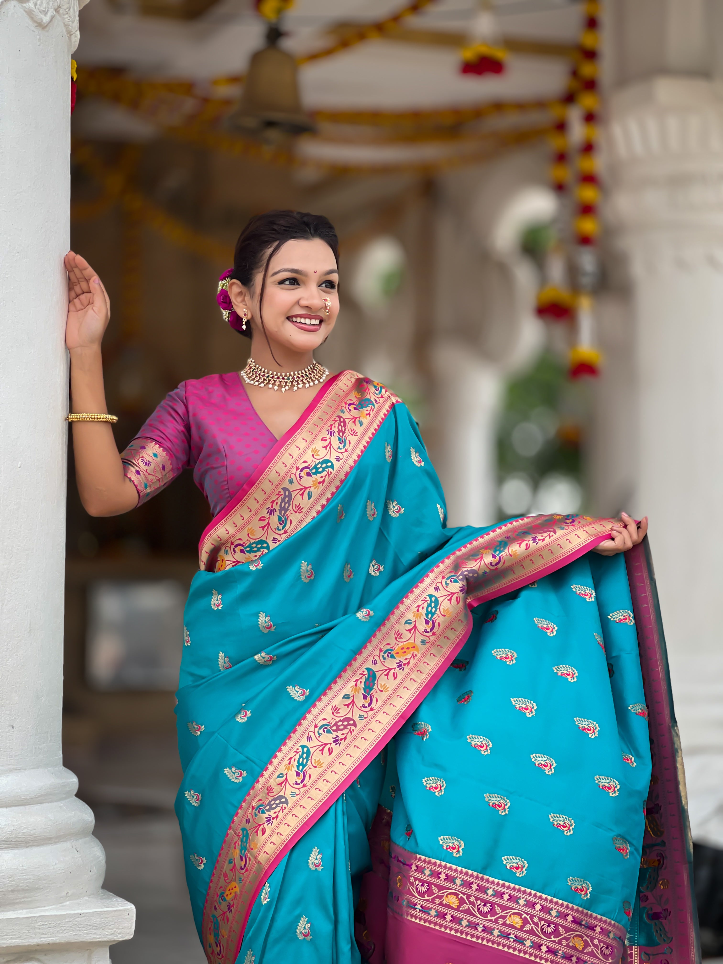 Firozi Wedding Wear Soft Paithani Silk Saree