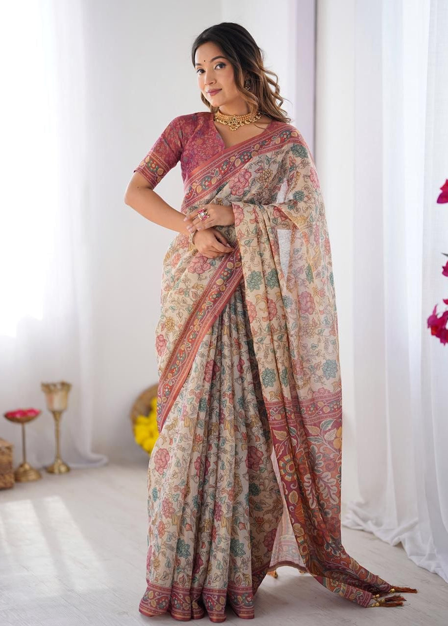 Floral Digital Printed Linen Cotton Saree