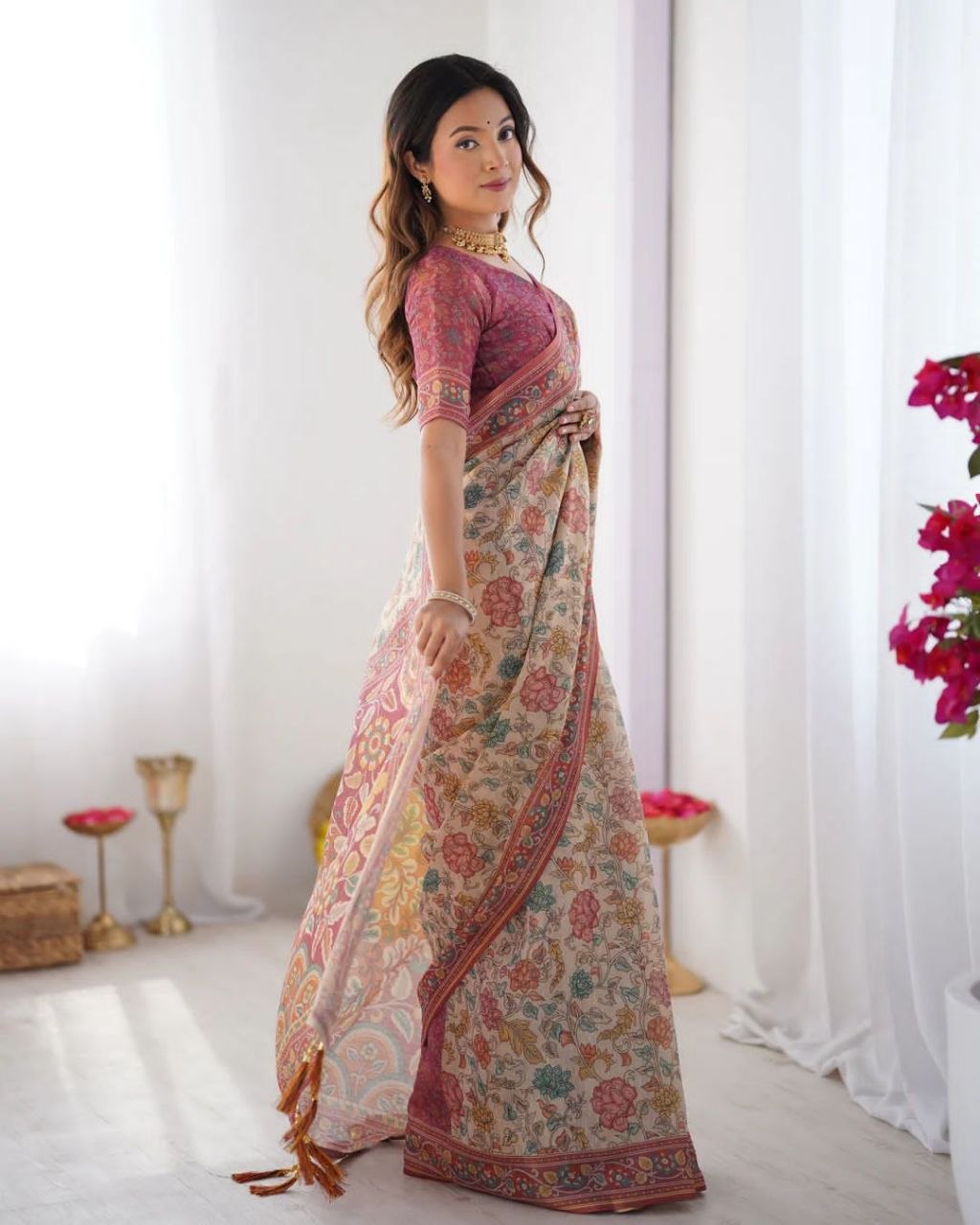 Floral Digital Printed Linen Cotton Saree
