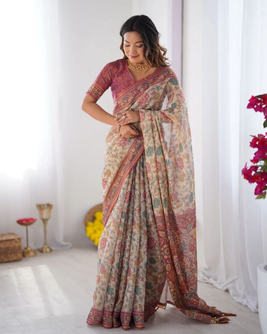 Floral Digital Printed Linen Cotton Saree