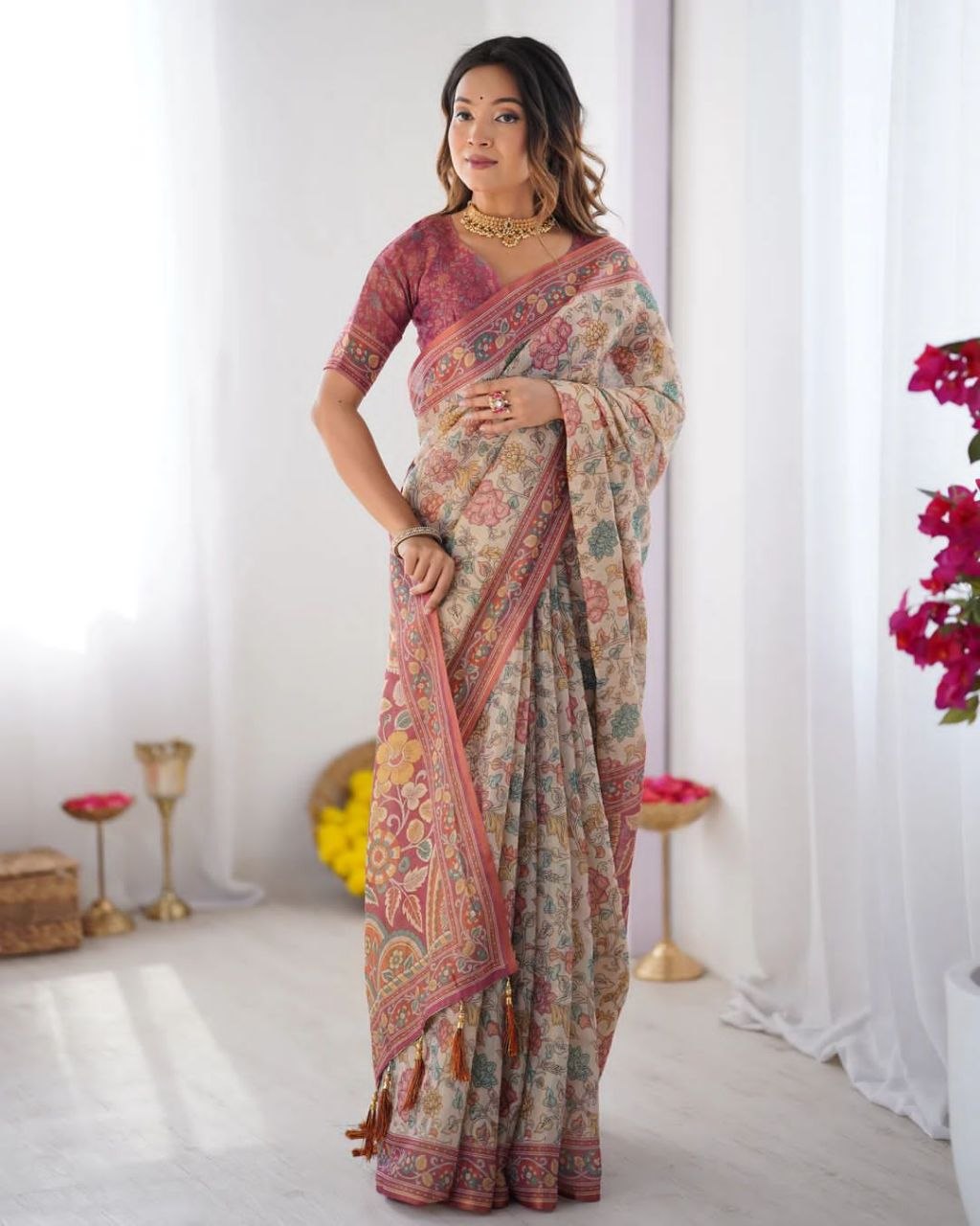 Floral Digital Printed Linen Cotton Saree