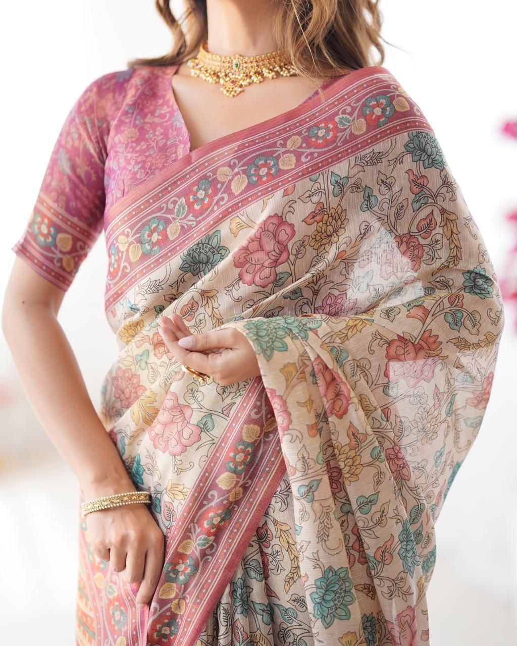 Floral Digital Printed Linen Cotton Saree