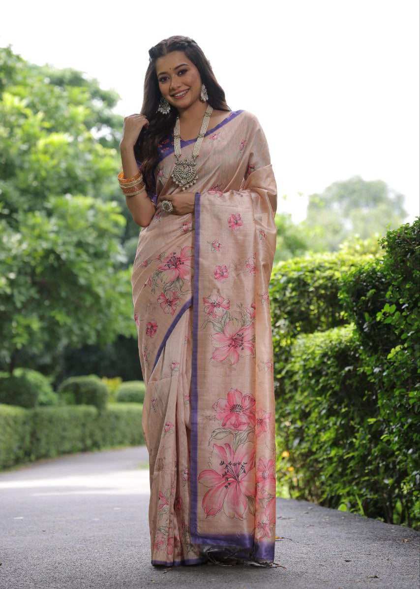 Floral Printed Soft Tussar Silk Saree