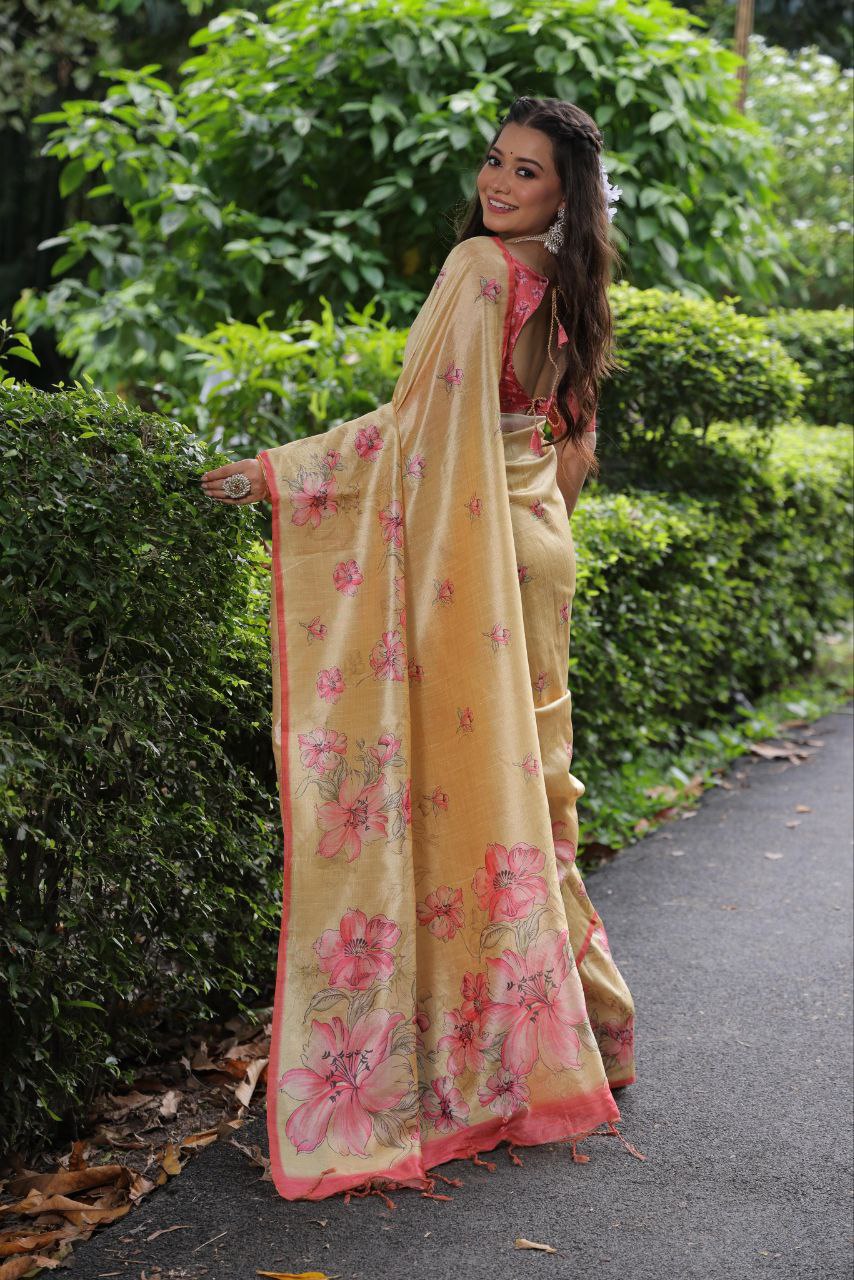 Floral Printed Soft Tussar Silk Saree