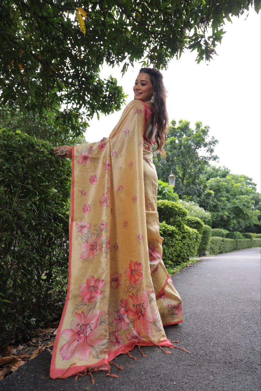 Floral Printed Soft Tussar Silk Saree
