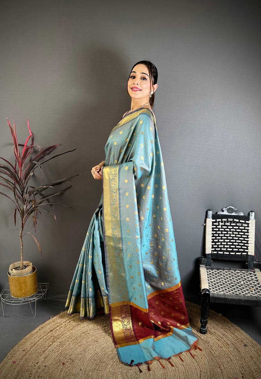 Fountain Blue Banarasi Soft Tissue Silk Saree