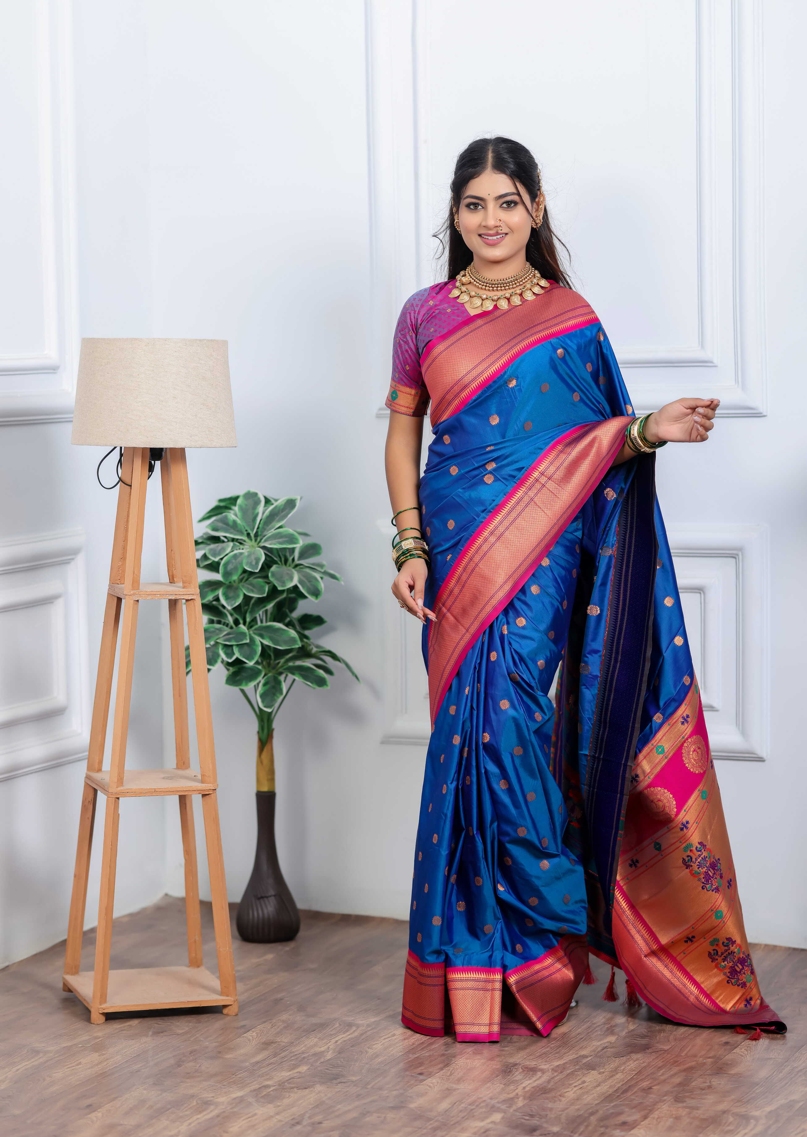 French Blue Silk Fabric Weaving Paithani Saree