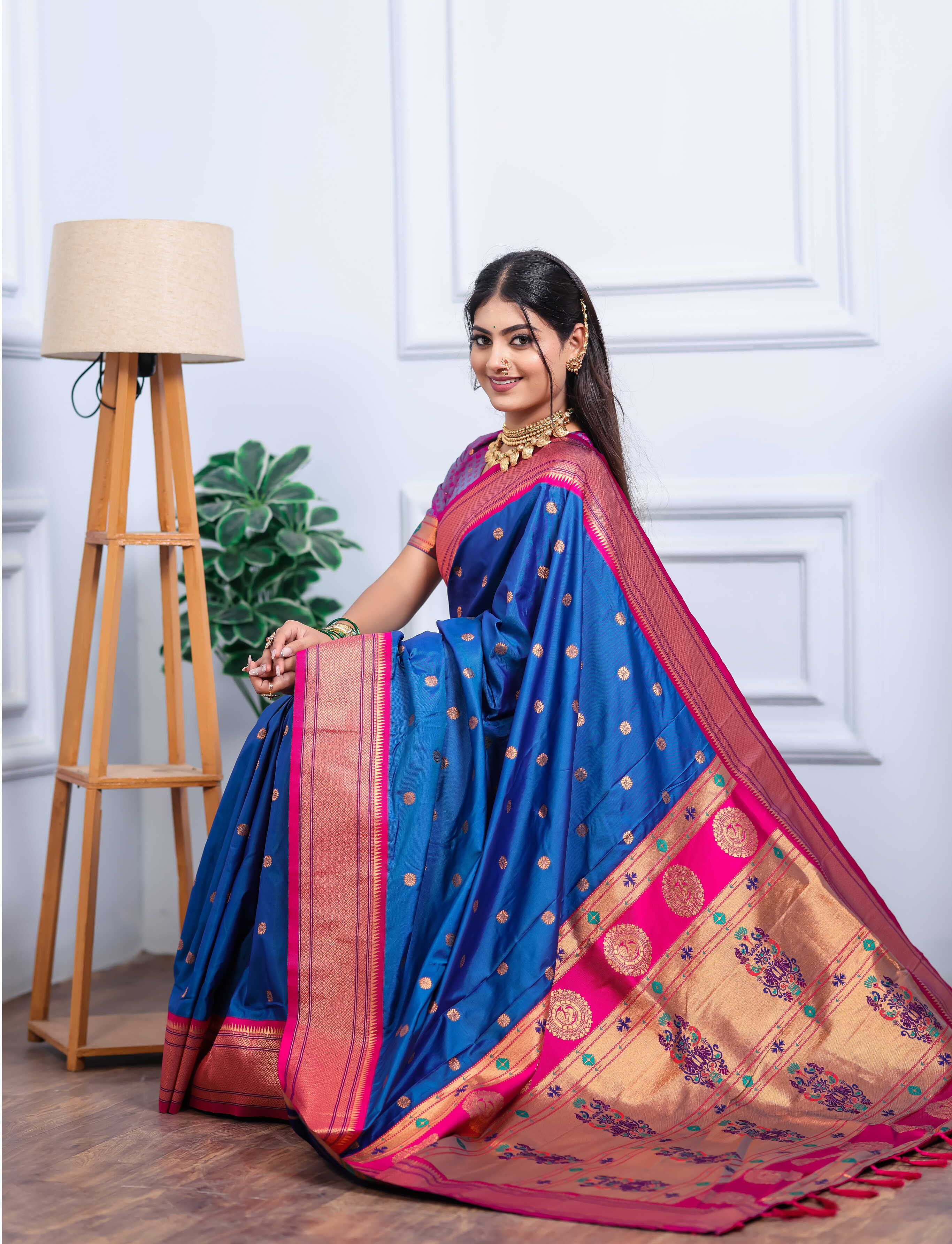 French Blue Silk Fabric Weaving Paithani Saree