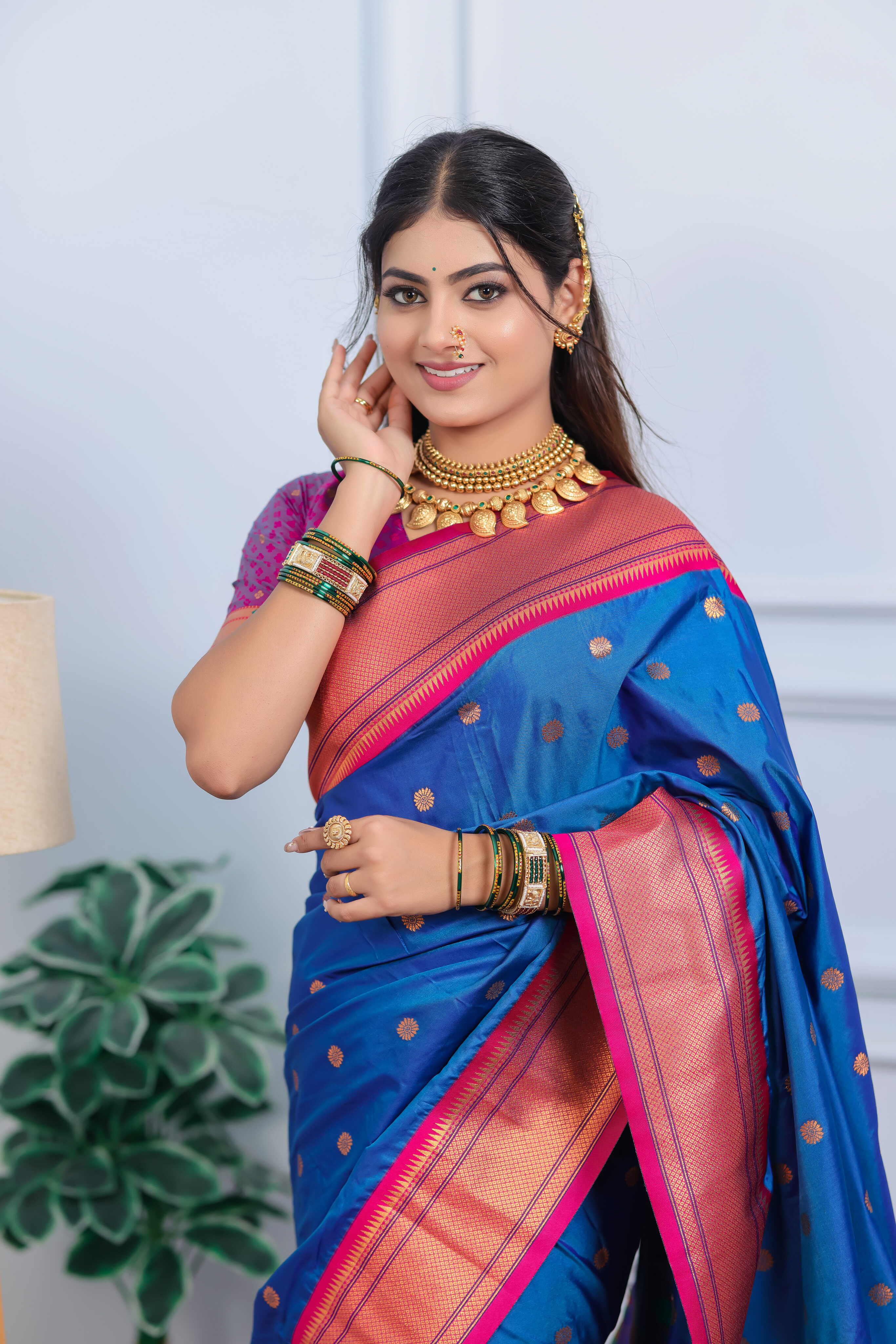 French Blue Silk Fabric Weaving Paithani Saree