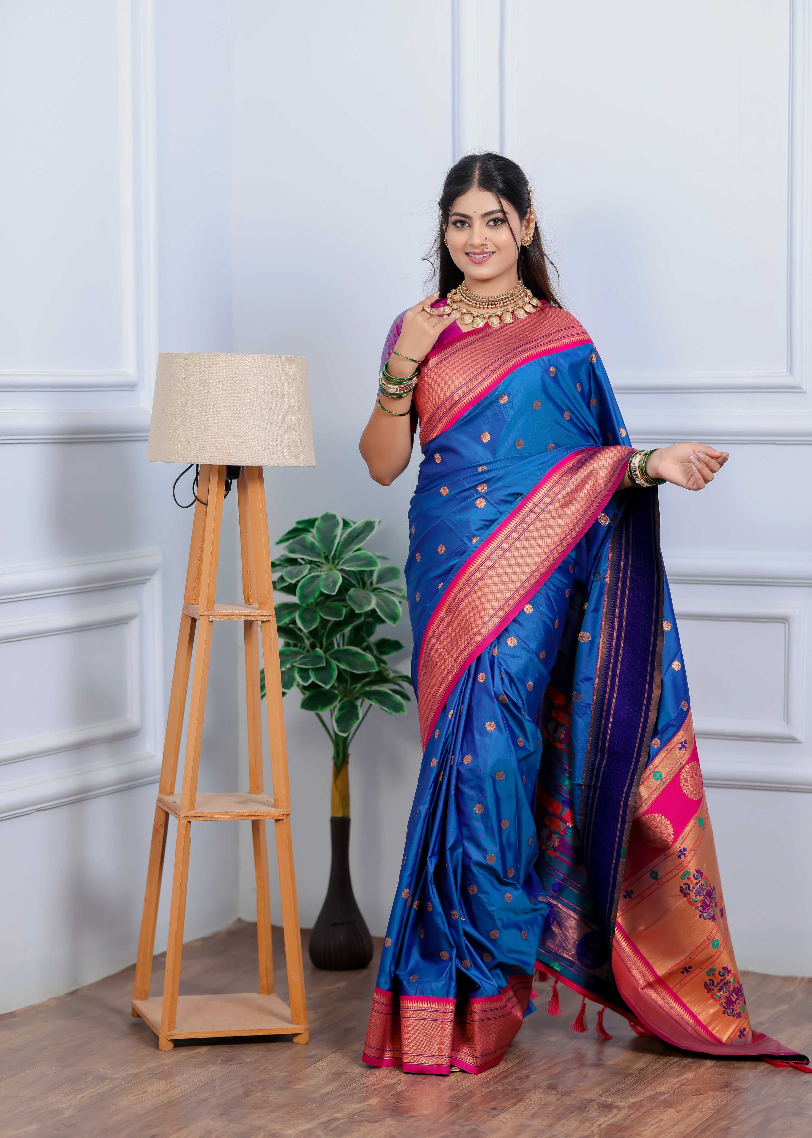 French Blue Silk Fabric Weaving Paithani Saree