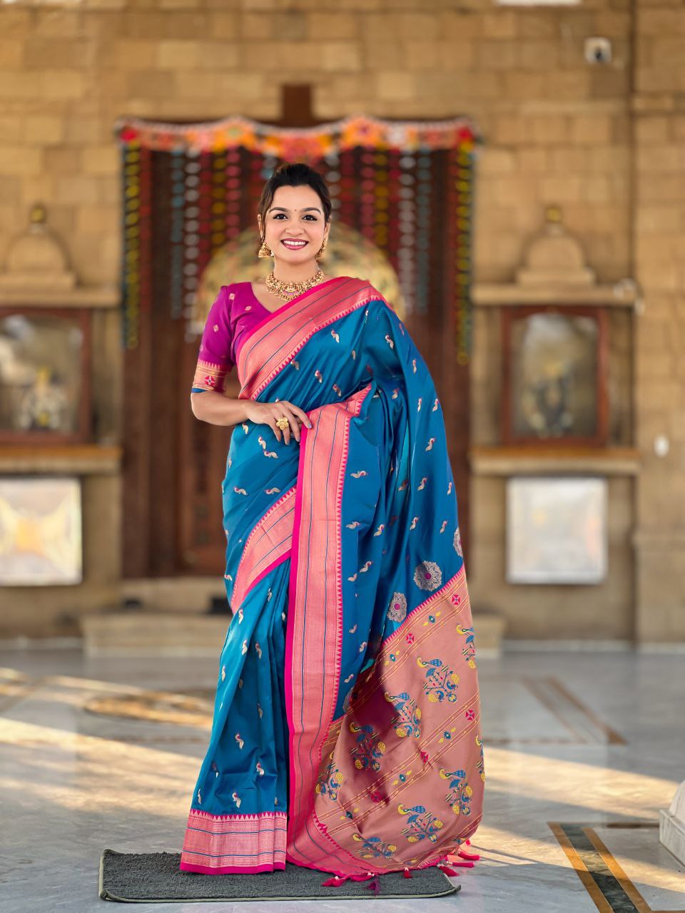 French Blue Wedding Wear Soft Paithani Silk Saree