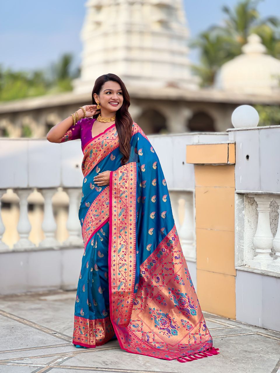 French Blue Wedding Wear Soft Paithani Silk Saree