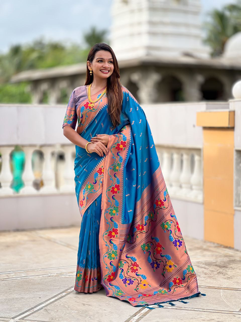 French Blue Wedding Wear Soft Paithani Silk Saree