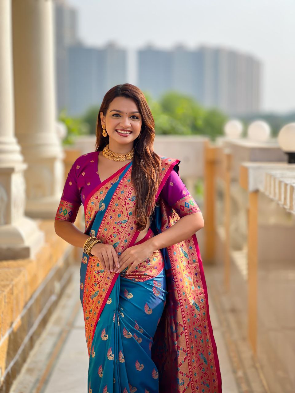 French Blue Wedding Wear Soft Paithani Silk Saree