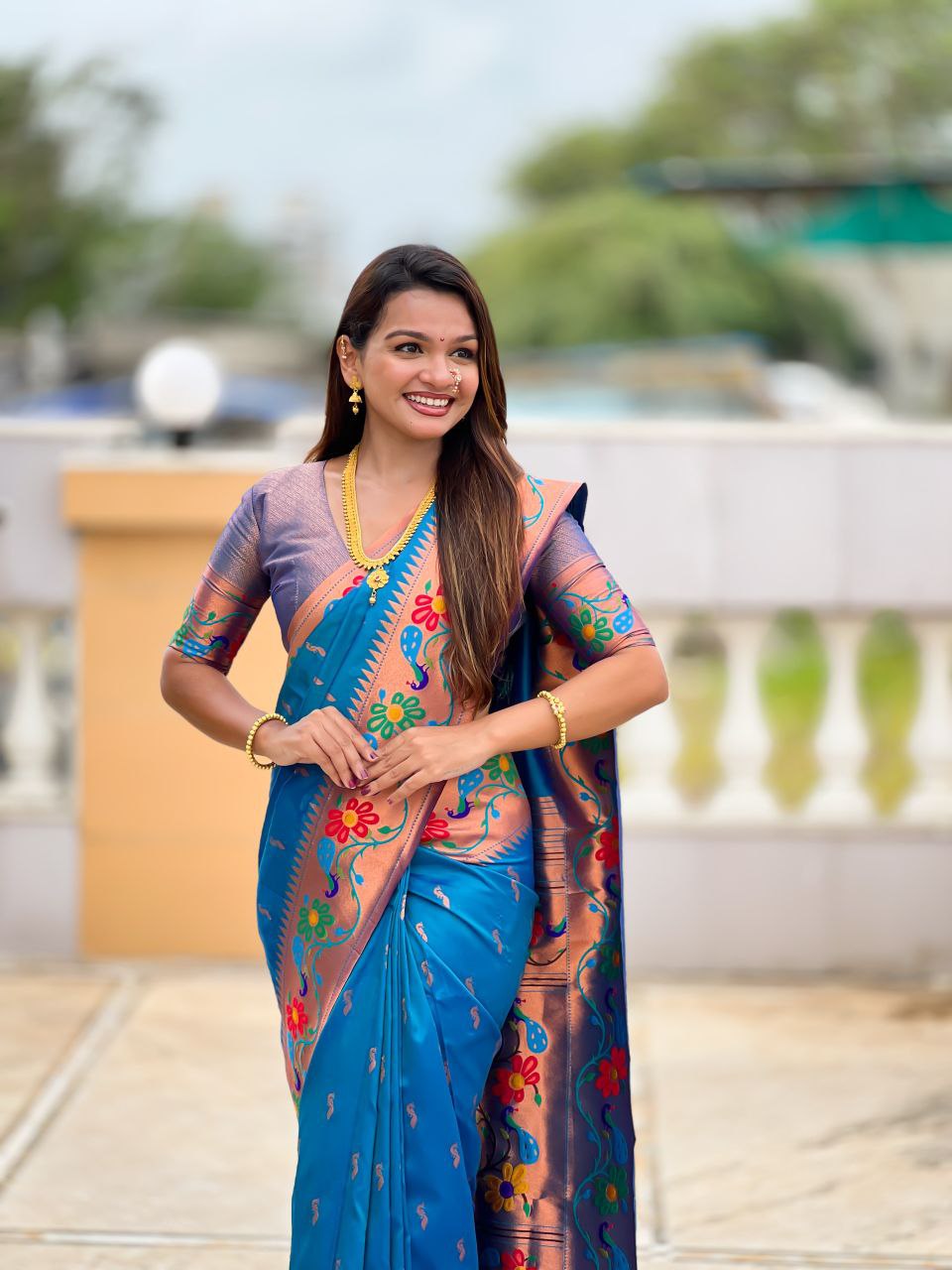 French Blue Wedding Wear Soft Paithani Silk Saree