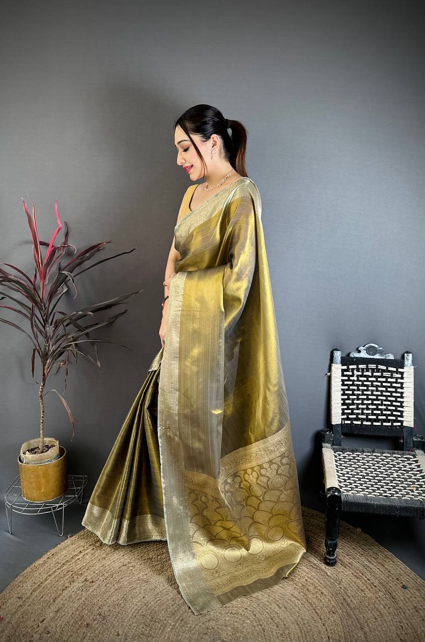 Gold Banarasi Soft Tissue Silk Saree