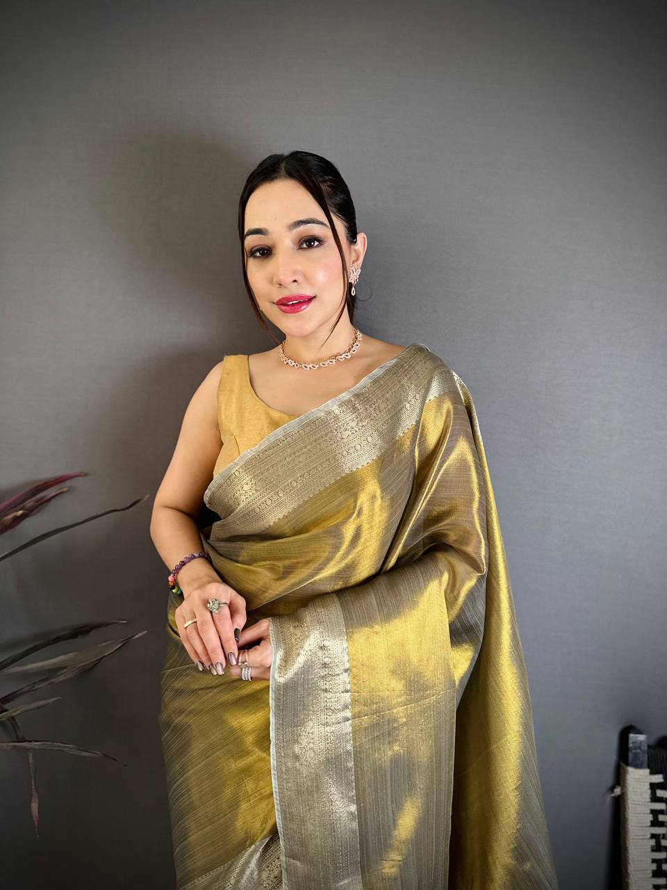 Gold Banarasi Soft Tissue Silk Saree