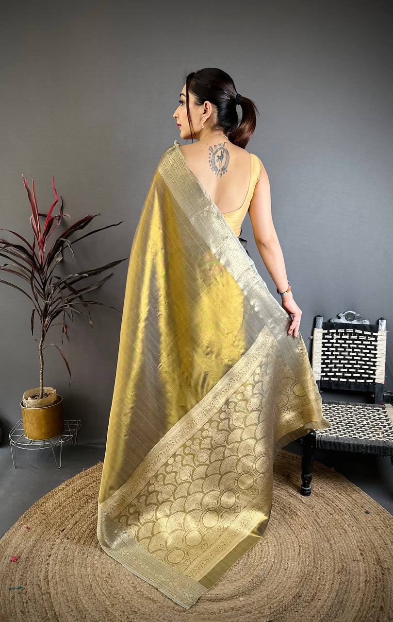 Gold Banarasi Soft Tissue Silk Saree