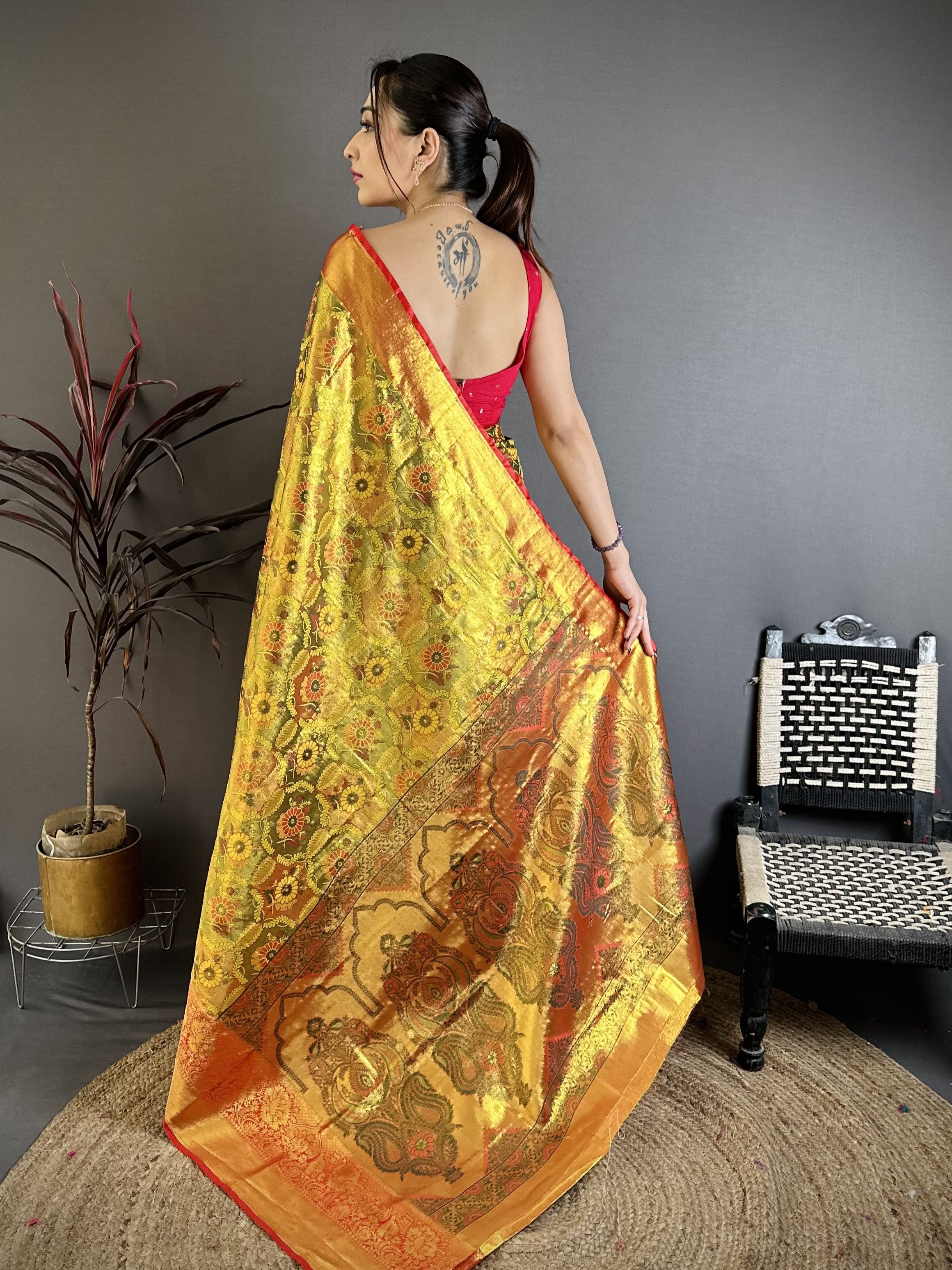 Gold & Orange Bridal Kanjivaram Silk Saree