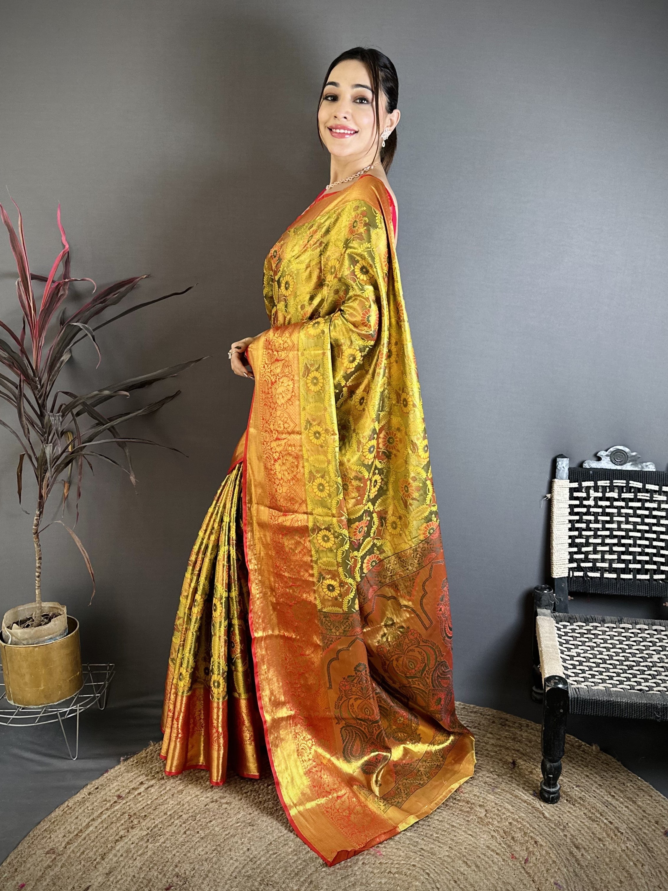 Gold & Orange Bridal Kanjivaram Silk Saree