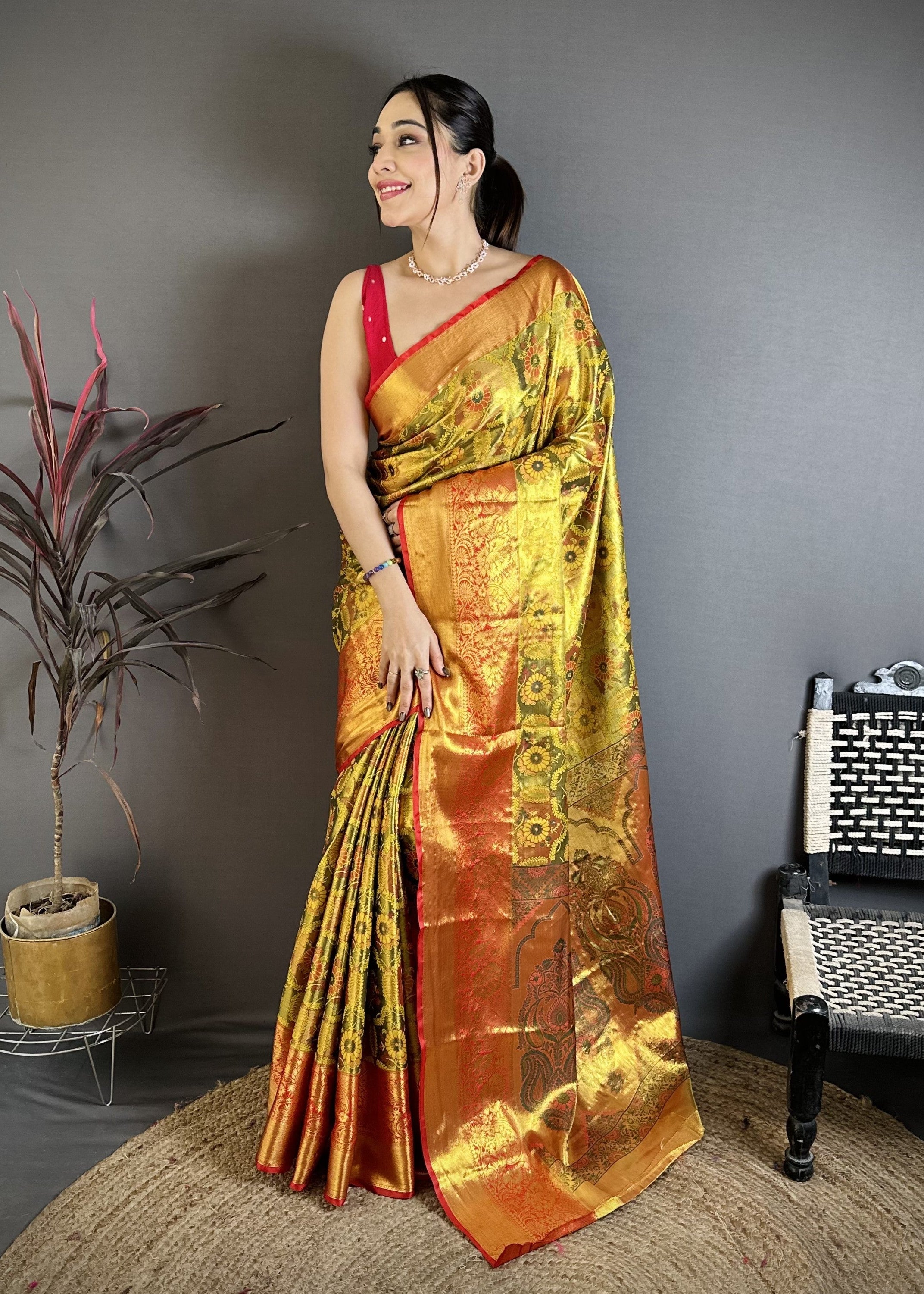 Gold & Orange Bridal Kanjivaram Silk Saree