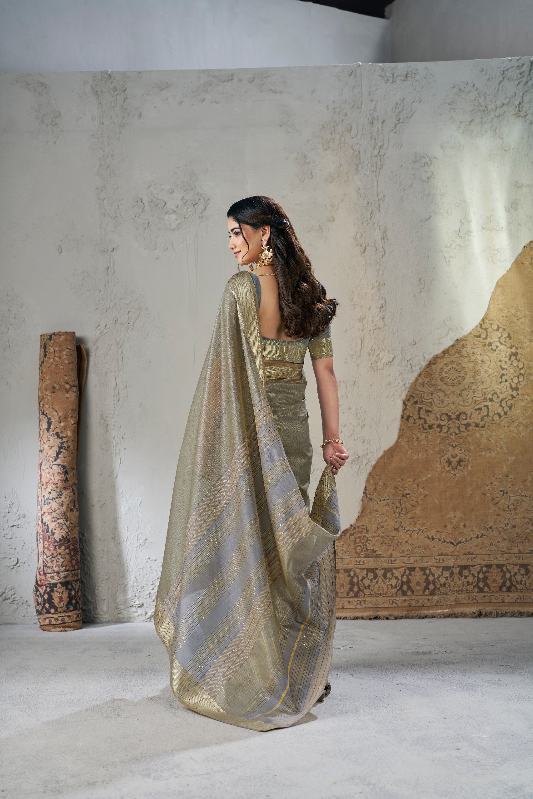 Golden Grey Soft Linen Cotton Silk Saree