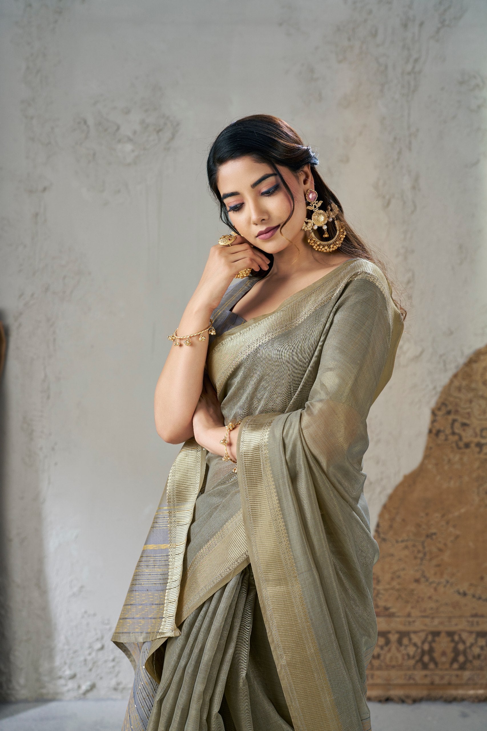 Golden Grey Soft Linen Cotton Silk Saree
