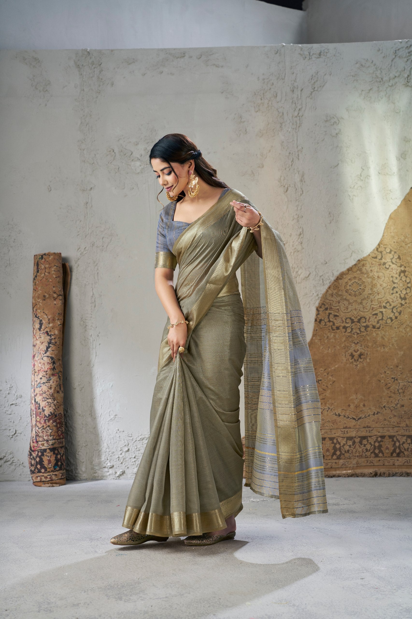 Golden Grey Soft Linen Cotton Silk Saree