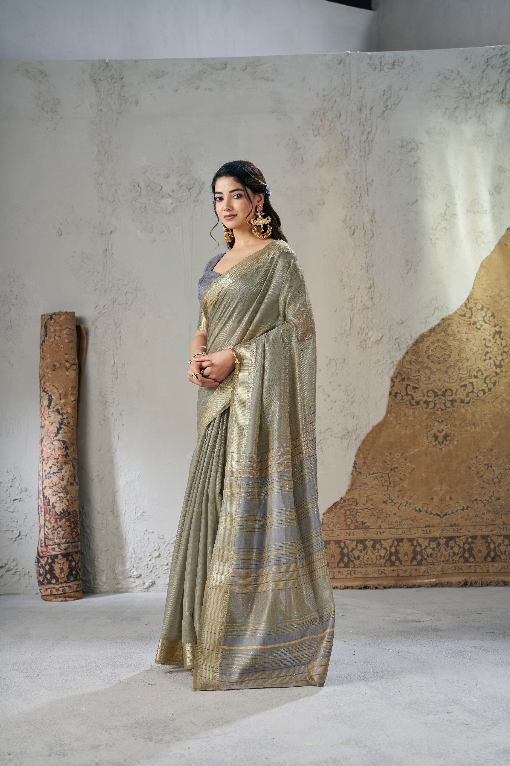 Golden Grey Soft Linen Cotton Silk Saree