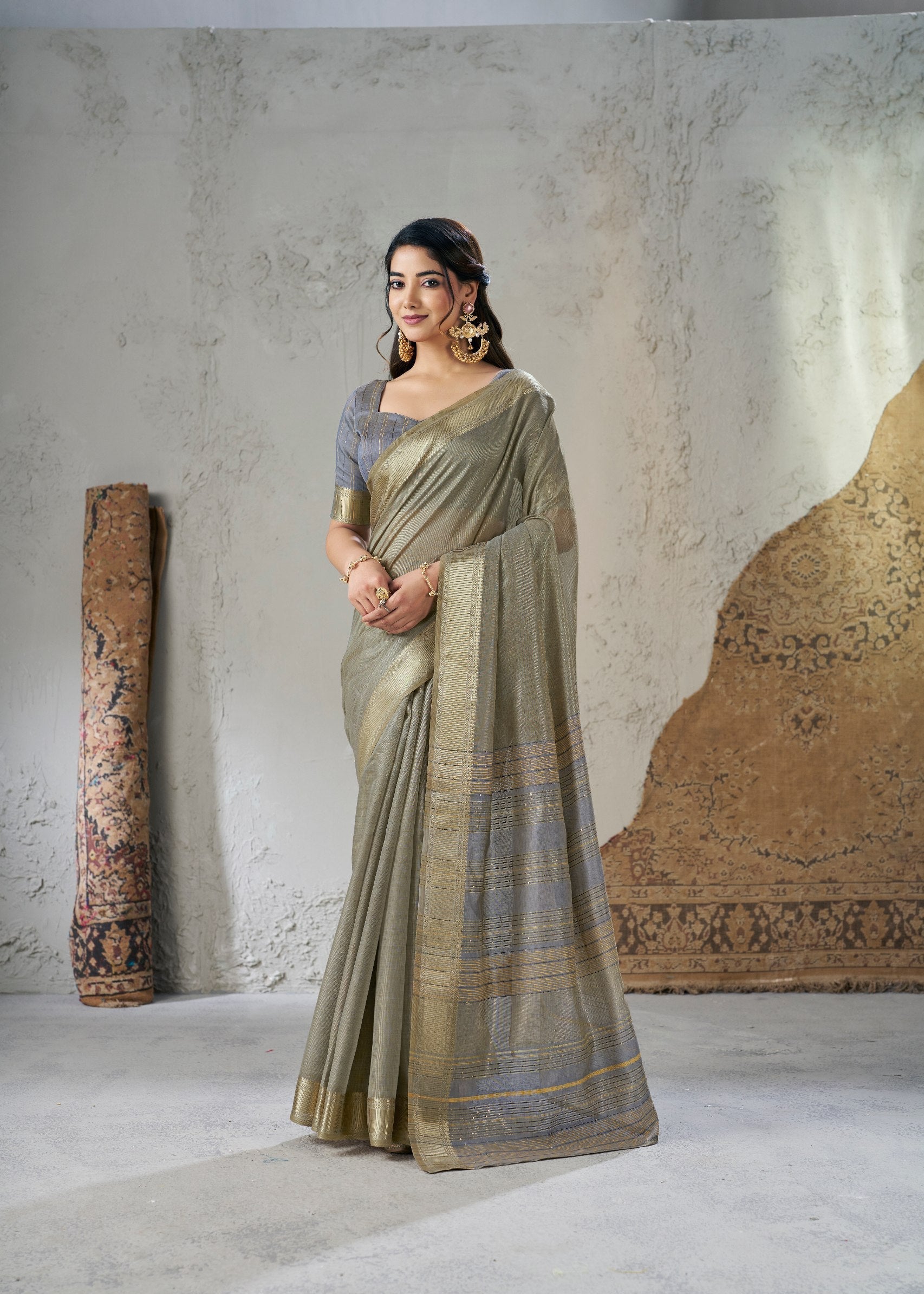 Golden Grey Soft Linen Cotton Silk Saree