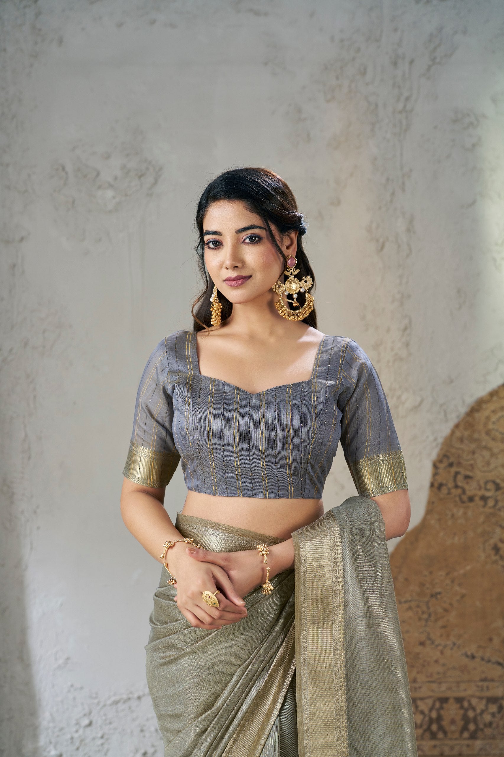 Golden Grey Soft Linen Cotton Silk Saree