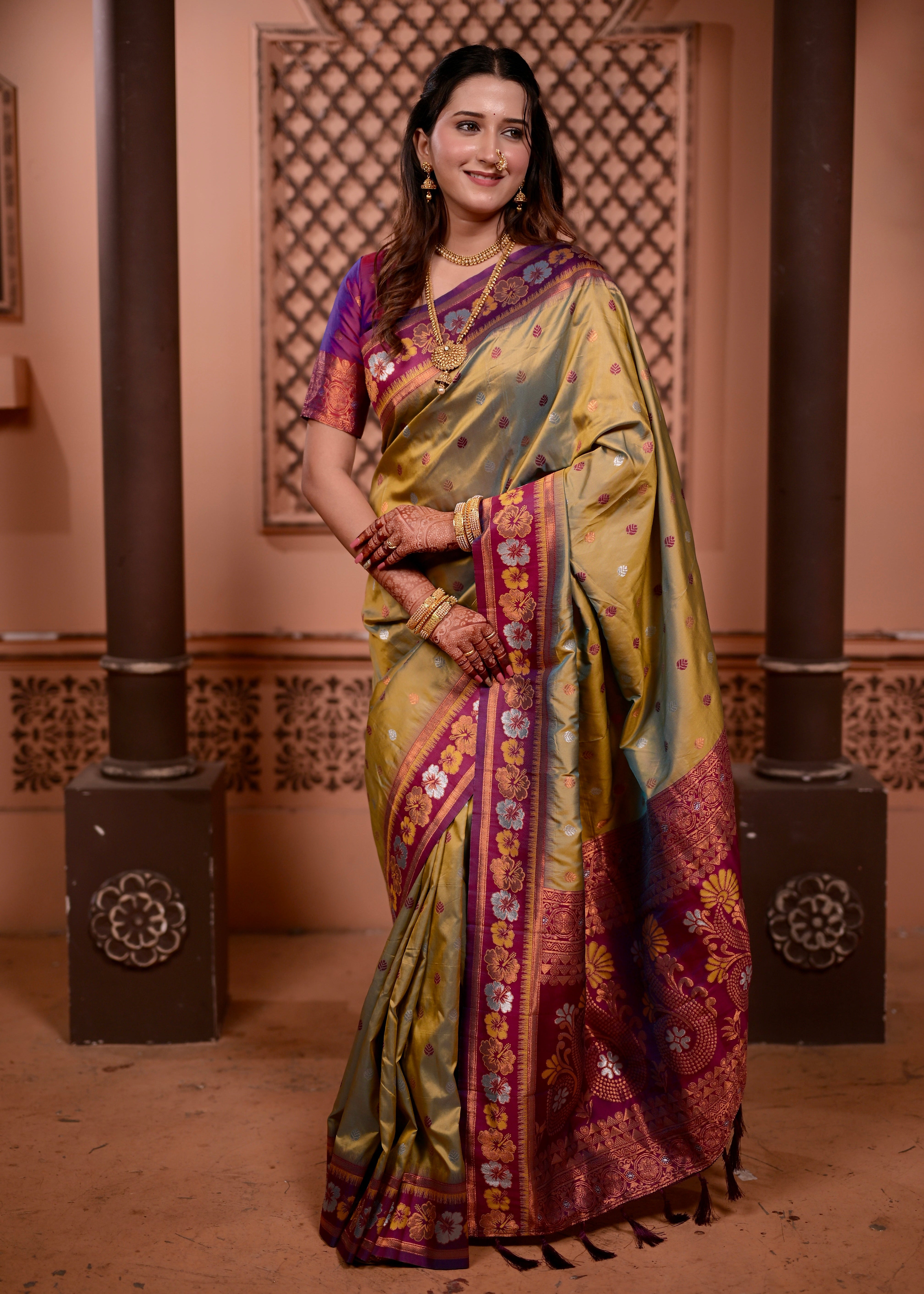 Golden Mehendi Traditional Soft Silk Saree