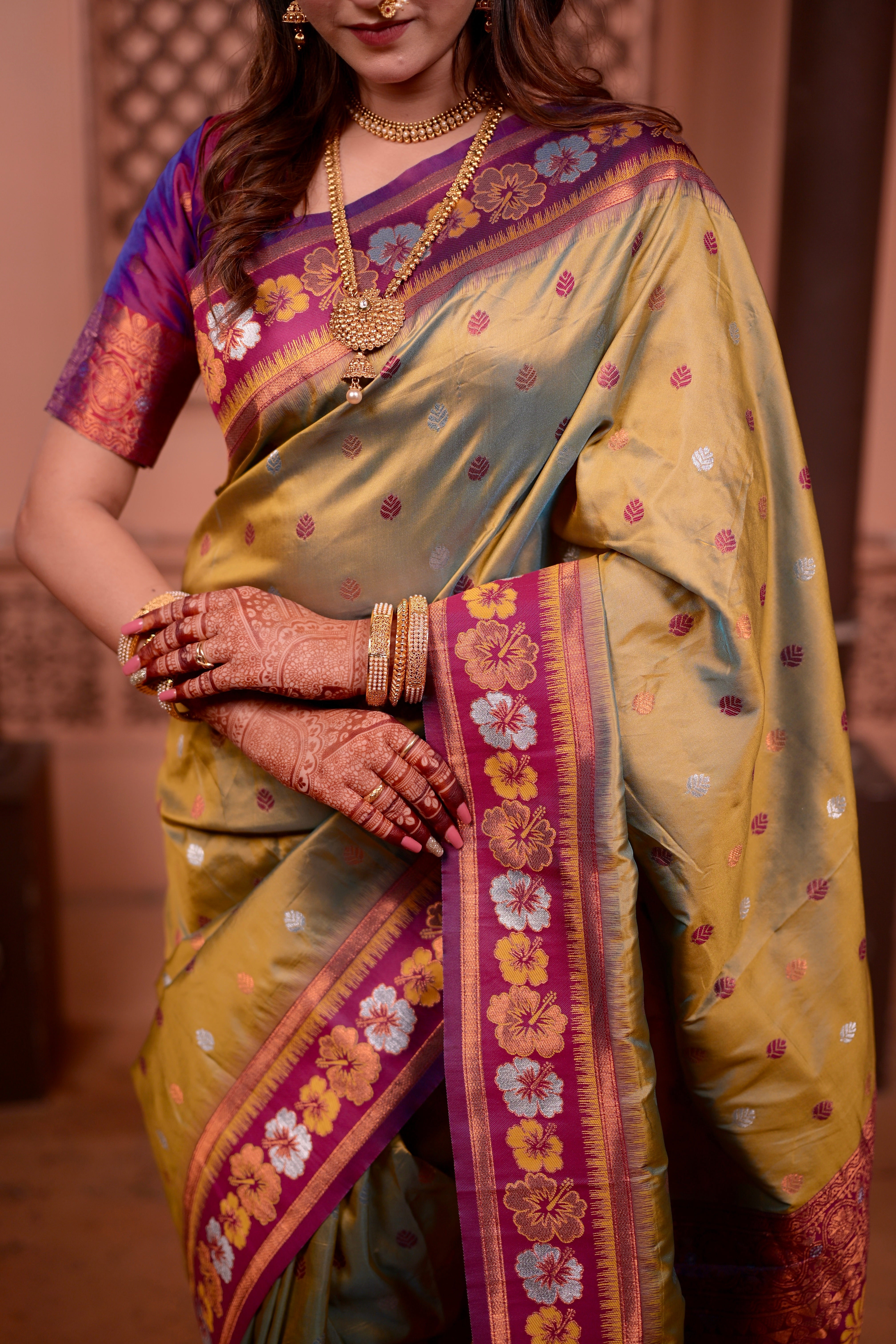 Golden Mehendi Traditional Soft Silk Saree